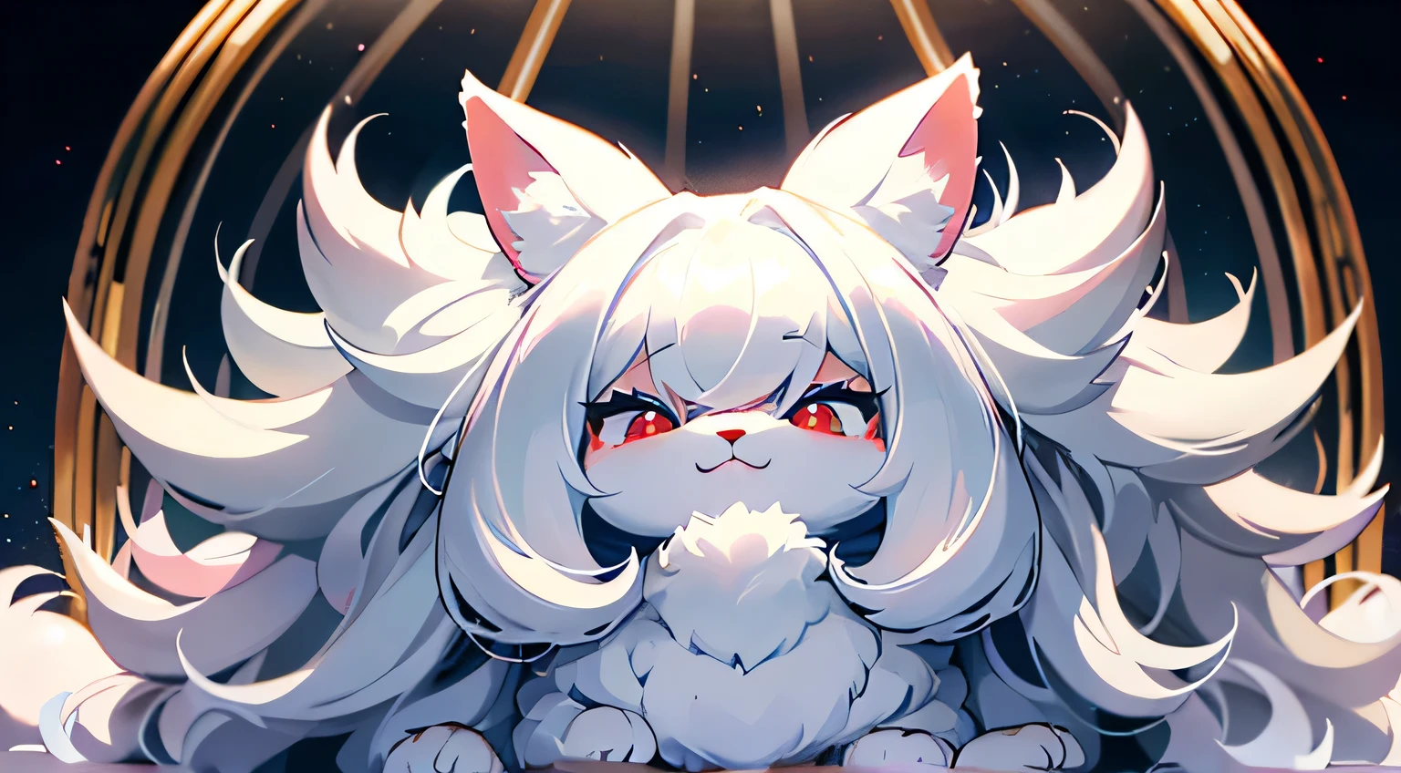 Close-up of a white rabbit, sitting in a cage, fluffy mane, soft and fluffy, very fluffy, super fluffy, fluffy face, outrageously fluffy, fluffy manes of fur, fluffy white fur, fluffy!!!, fluffy!!!, The rabbit has pink fur, fluffy fluffy fur, fluffy body, White hair, with white fluffy fur