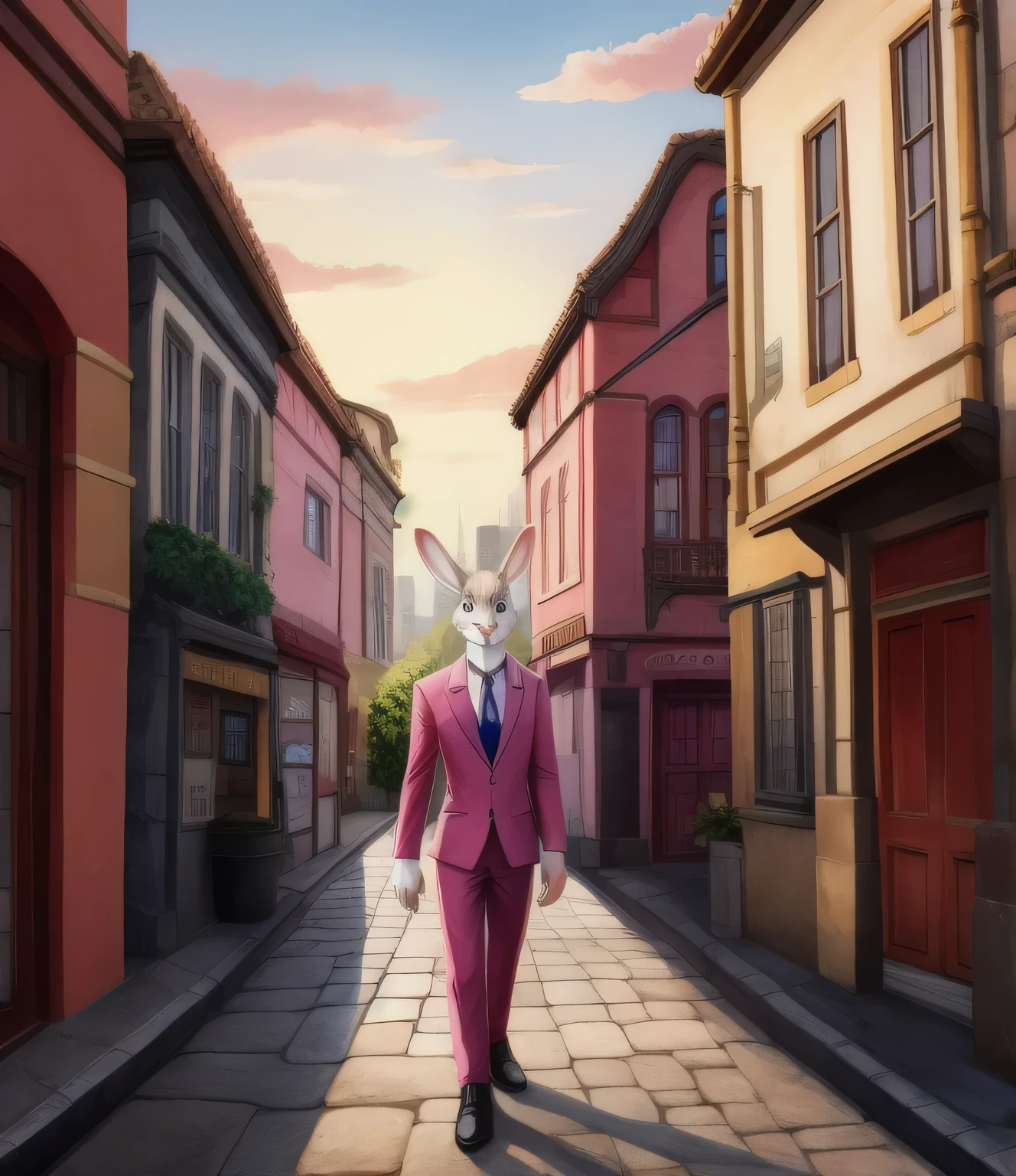 white hare, pink suit, townscape