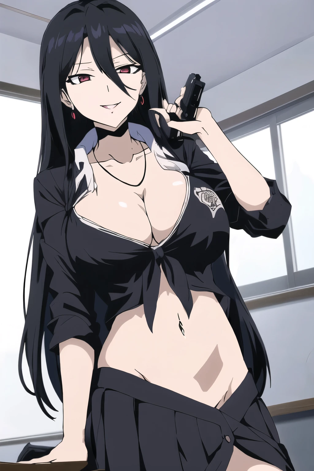 akeginu, masterpiece,best quality, highres,absurdres, intricate details,highly detailed skin, 1girl, solo, black hair, black makeup, lipstick, long hair, hair over one eye, large breasts, red lips, (movie composition), amazing composition, depth of field, indirect lighting, ambient lighting, , (dynamic colors), (sexy expression), evil grin,, masterpiece, best quality, ((unbuttoned , cleavage, necklace, earrings, sexy body,
breasticro skirt, smiling, navel , exposed belly, exposed navel,(nsfw) not safe for work,school,
classroom , holding a gun, hold a gun