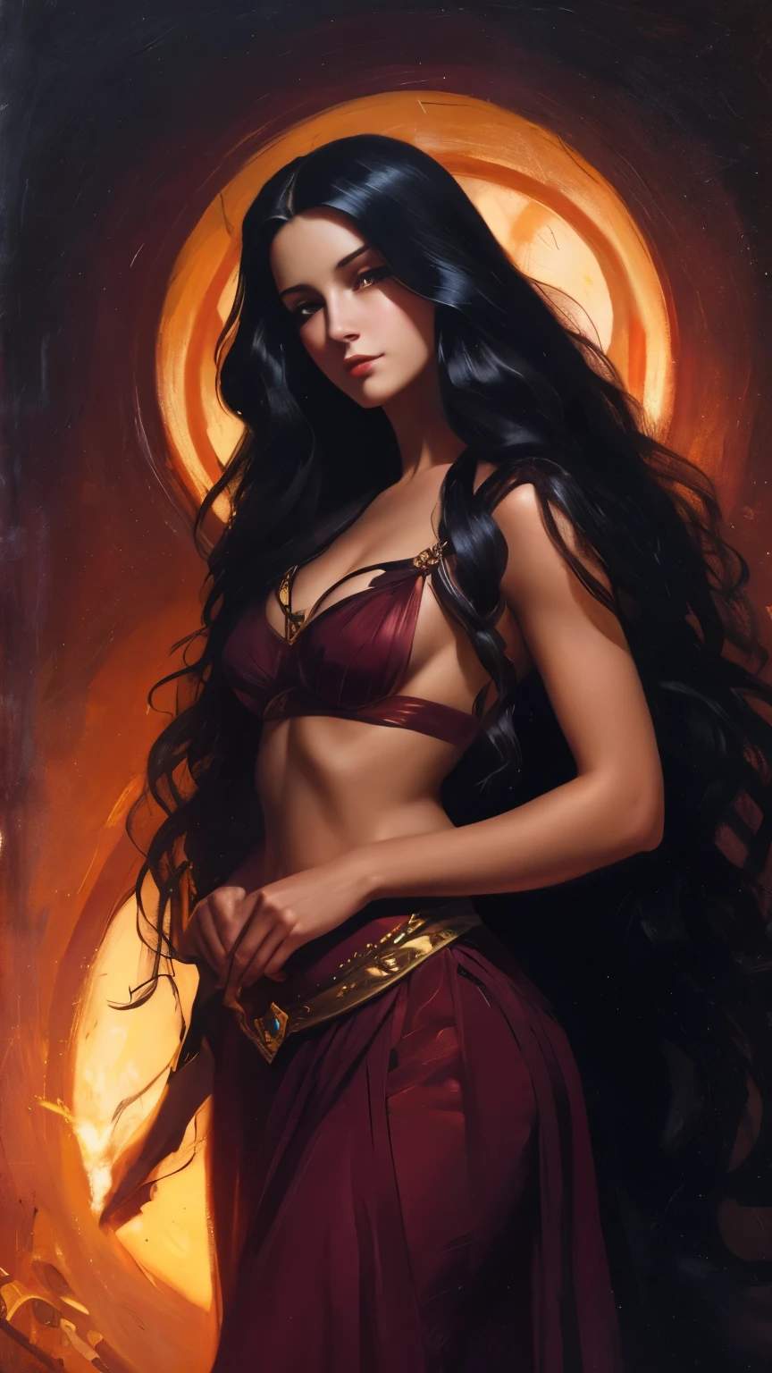 classic rennaisance style painting of a woman, woman in her dark feminine energy, femme fatale, oil painting style, goddess, dark long hair
