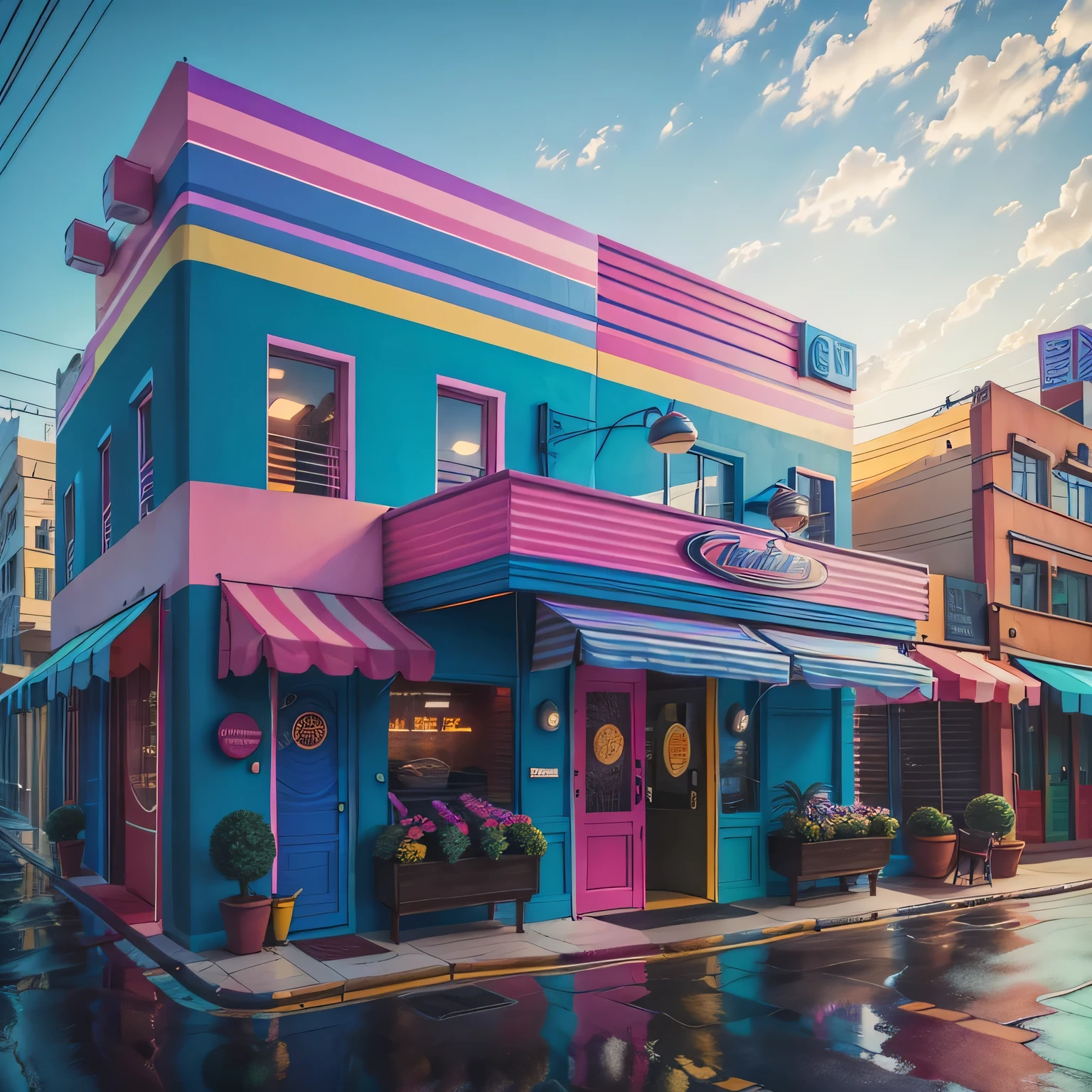 A realistic American restaurant facade, filled with vibrant colors, reminiscent of the 1980s theme, fotorrealista, detallada, hiper realista, luminosas, 8K.