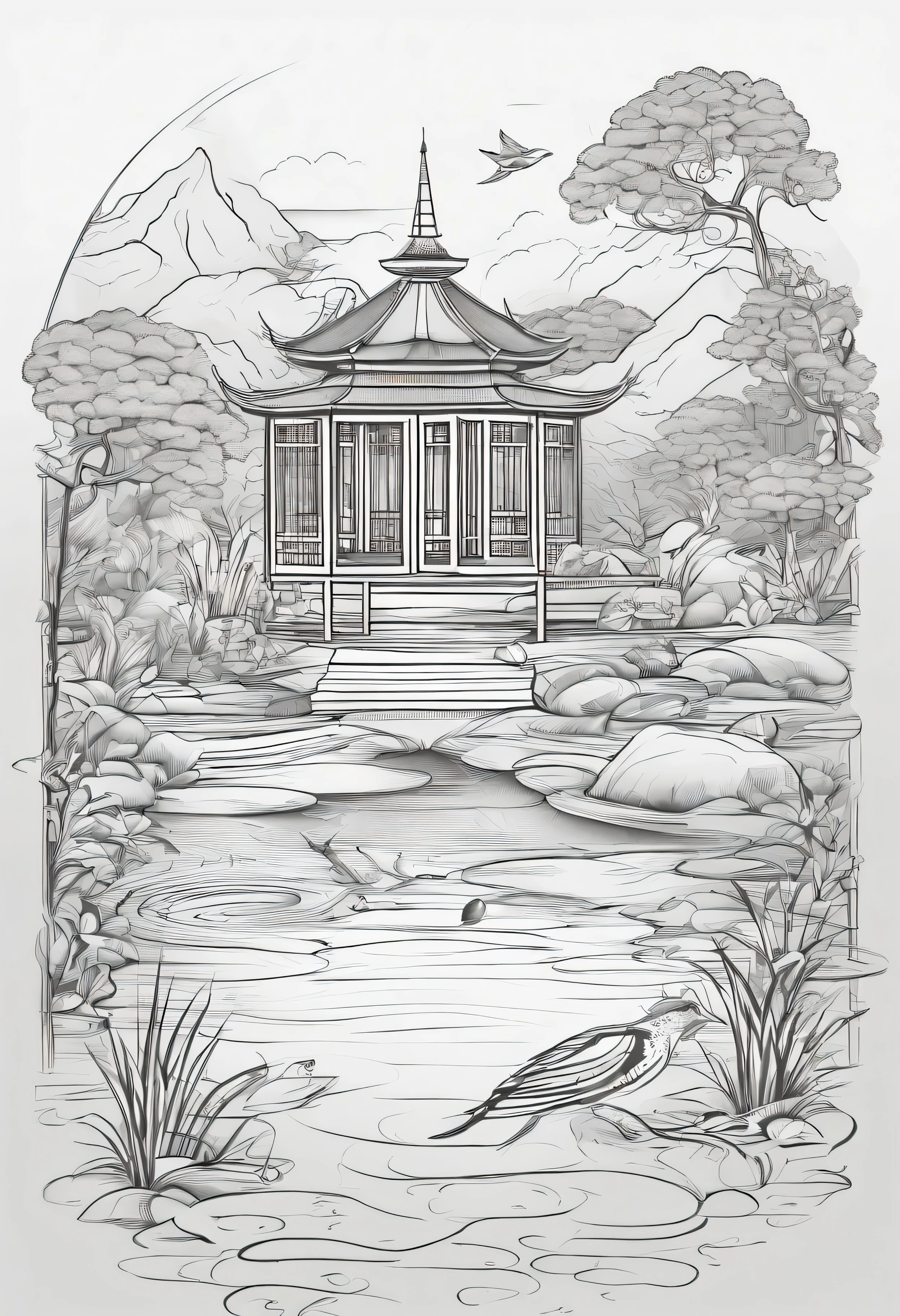 Mistical Zen Garden Retreat: create a peaceful gaarden filled with animals playing and a small pond with fish jumping out of the water with gazebo