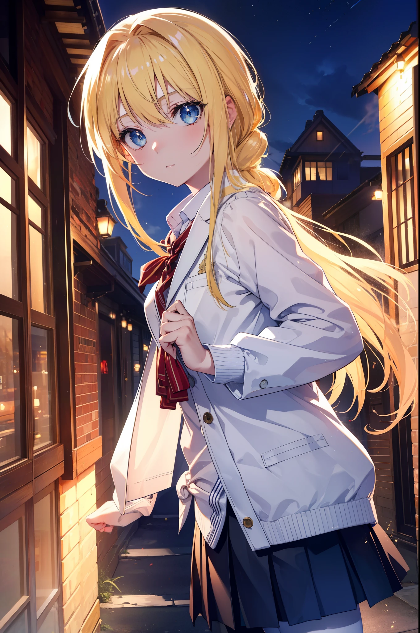 allisburg, Alice Zuberg, bangs, blue eyes, blonde hair, hair between eyes, very long hair, hair band, white hair band,White Y-shirt,Red cardigan,yellow blazer,black pleated skirt,white pantyhose,brown loafers,morning,morning日,the sun is rising,toast in your mouth, running, シティストリート
break outside, residential street,In town,
break looking at viewer, (cowboy shot:1.5),
break (masterpiece:1.2), highest quality, High resolution, unity 8k wallpaper, (figure:0.8), (detailed and beautiful eyes:1.6), highly detailed face, perfect lighting, Very detailed CG, (perfect hands, perfect anatomy),