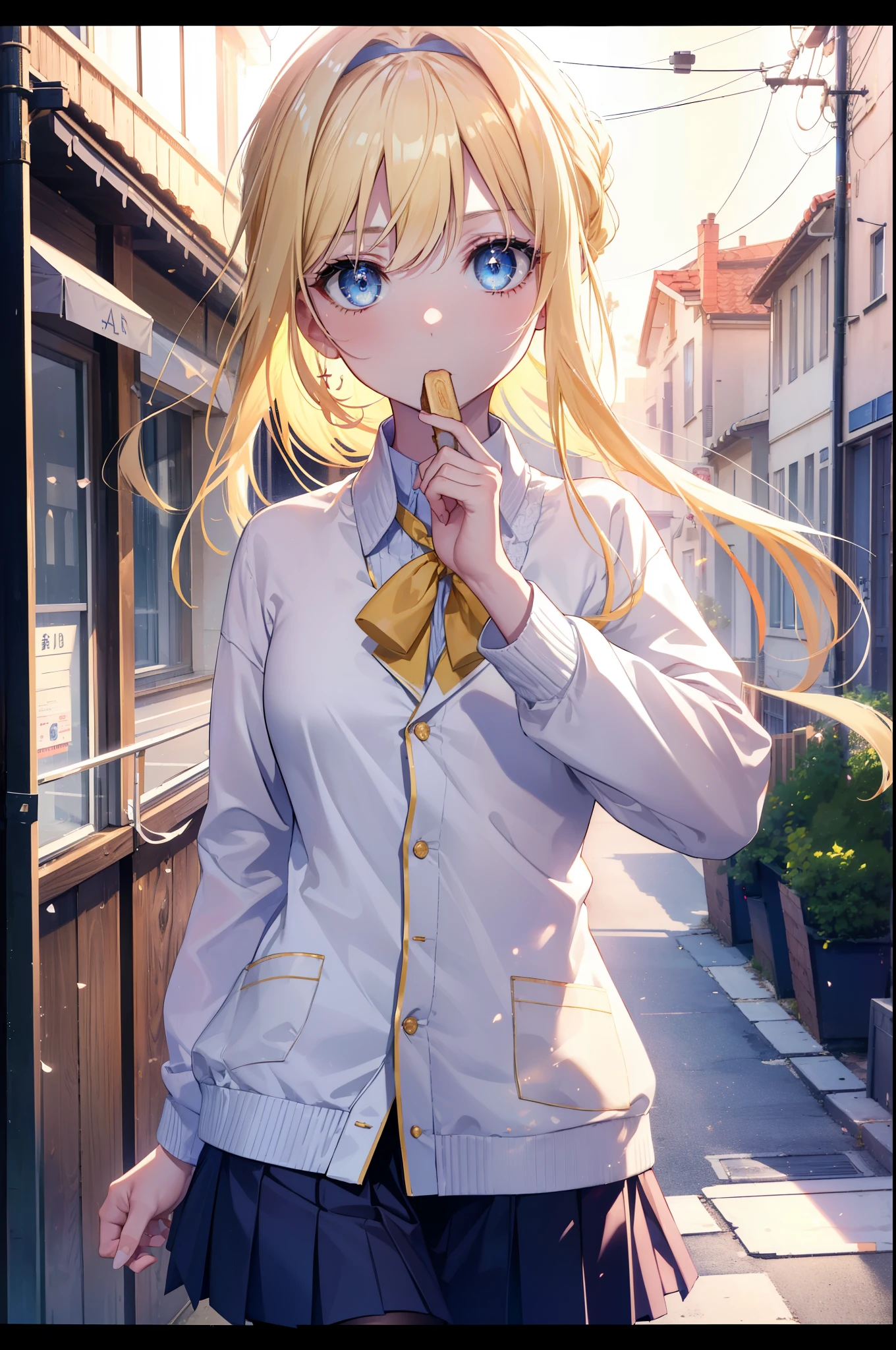 allisburg, Alice Zuberg, bangs, blue eyes, blonde hair, hair between eyes, very long hair, hair band, white hair band,White Y-shirt,Red cardigan,yellow blazer,black pleated skirt,white pantyhose,brown loafers,morning,morning日,the sun is rising,toast in your mouth, running, シティストリート
break outside, residential street,In town,
break looking at viewer, (cowboy shot:1.5),
break (masterpiece:1.2), highest quality, High resolution, unity 8k wallpaper, (figure:0.8), (detailed and beautiful eyes:1.6), highly detailed face, perfect lighting, Very detailed CG, (perfect hands, perfect anatomy),