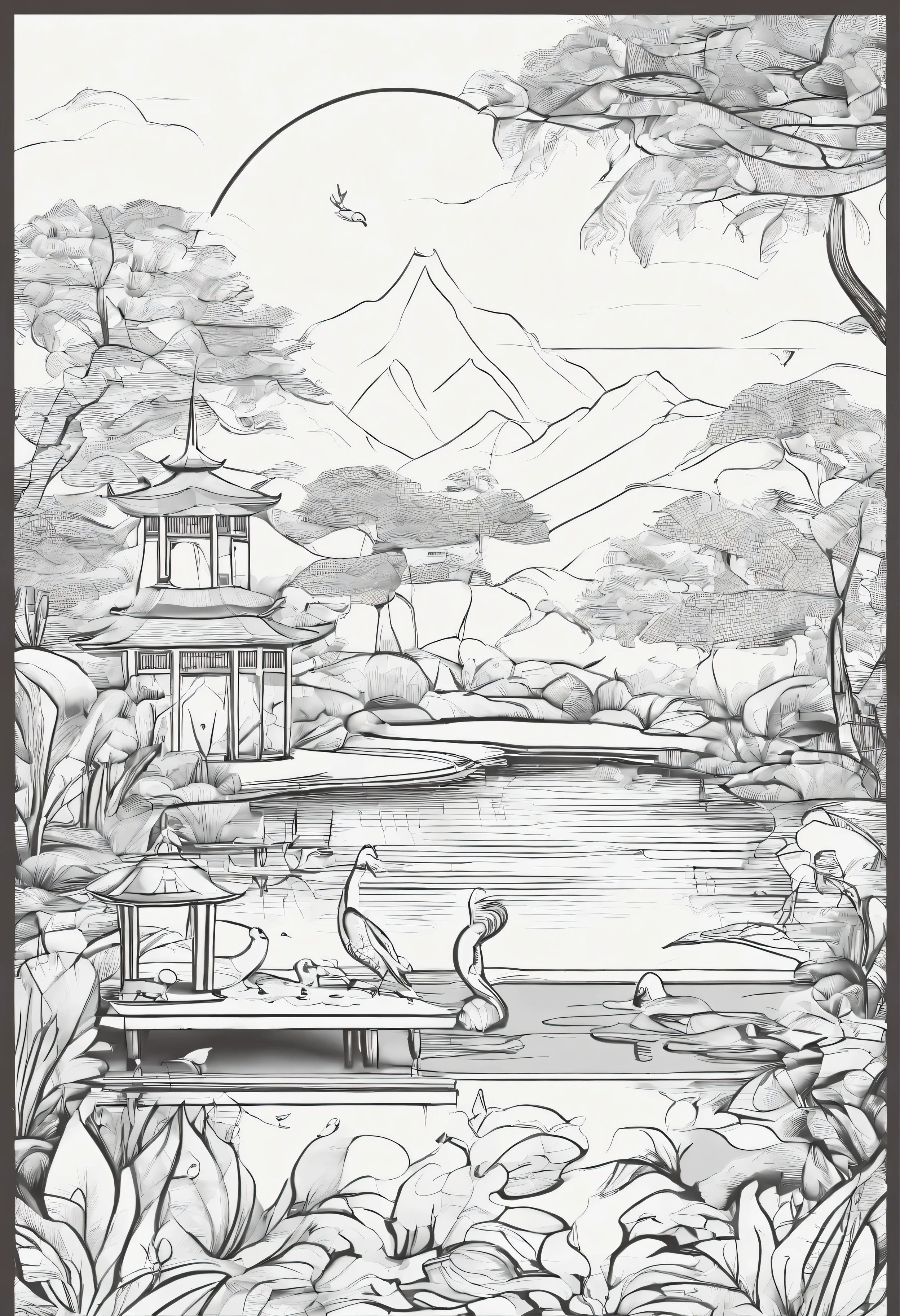 Mistical Zen Garden Retreat: create a peaceful gaarden filled with animals playing and a small pond with fish jumping out of the water with gazebo