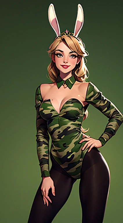 uma obra-prima, Melhor qualidade, woman wearing a militar camouflage LEOTARD,rabbit ears tiara,fake eyelashes,fleshy lips,looking to observer, little smile,tan pantyhose,TERRY MOORE ART, SCENARIO florish florest background