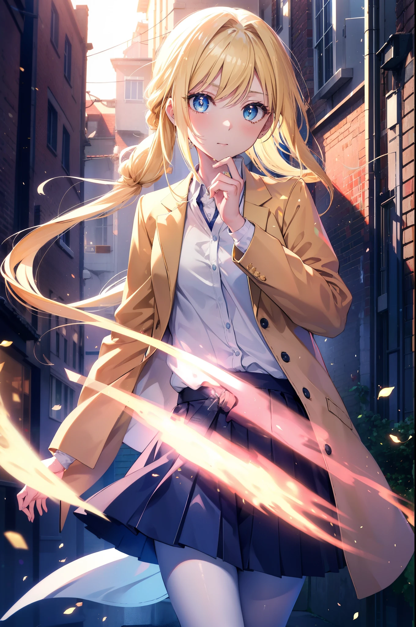 allisburg, Alice Zuberg, bangs, blue eyes, blonde hair, hair between eyes, very long hair, hair band, white hair band,White Y-shirt,Red cardigan,yellow blazer,black pleated skirt,white pantyhose,brown loafers,morning,morning日,the sun is rising,toast in your mouth, running, シティストリート
break outside, residential street,In town,
break looking at viewer, (cowboy shot:1.5),
break (masterpiece:1.2), highest quality, High resolution, unity 8k wallpaper, (figure:0.8), (detailed and beautiful eyes:1.6), highly detailed face, perfect lighting, Very detailed CG, (perfect hands, perfect anatomy),