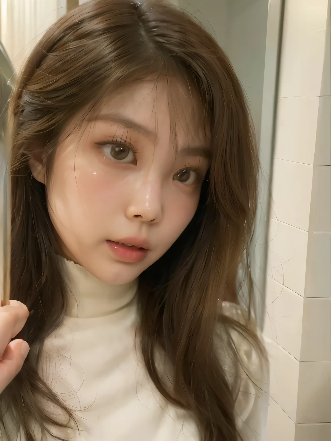 there is a woman taking a selfie in the bathroom mirror, Cindy Avelino, mai anh tran, nodded, bae suzy, Com franja, franja de cortina, a young Asian woman, brown hair Com franja, Southeast Asian with round face, lalisa manobal, franja fofa, imagem vazada, an Asian woman, beautiful asian girl