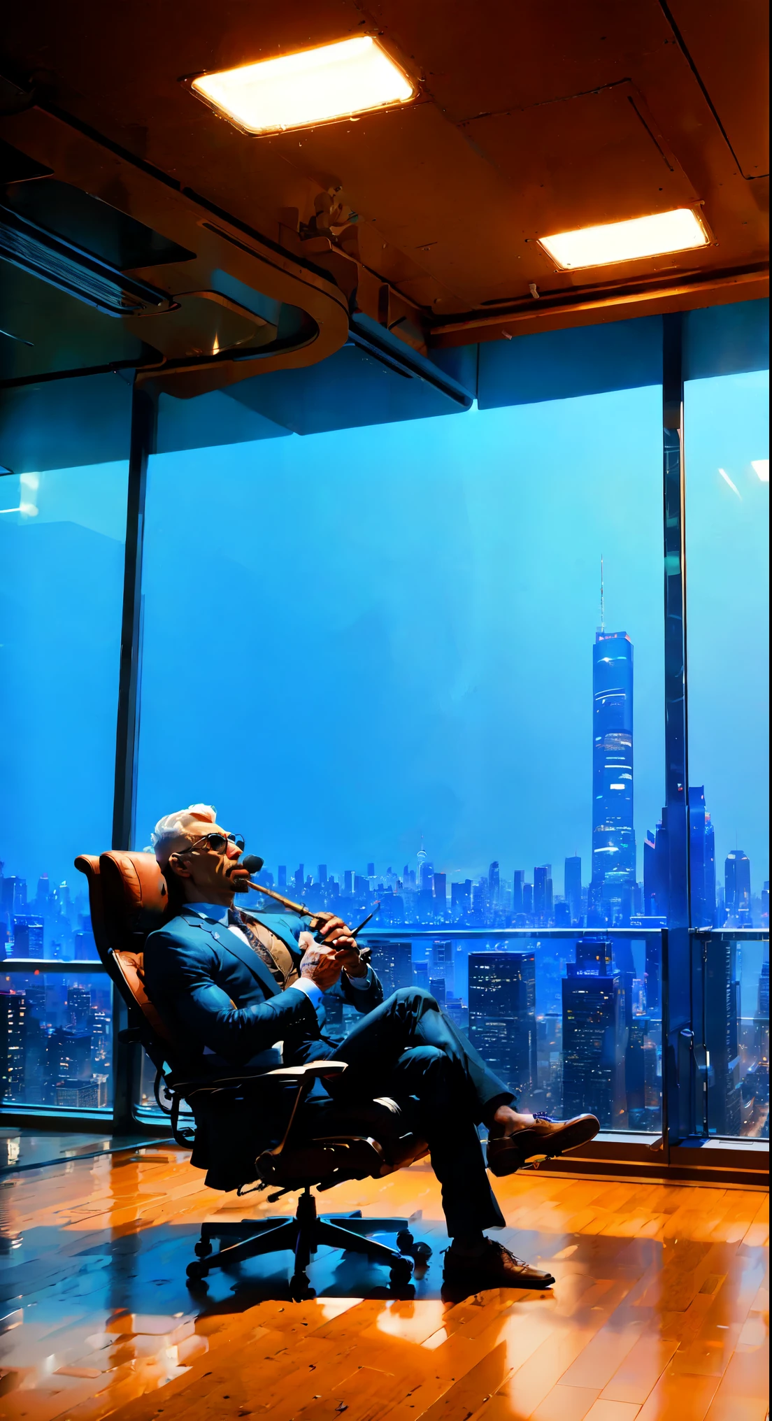 a skyscraper office in the big city, the cyborg man sits in a luxurious chair and holding a smoking cigar in his hand, high quality, absurdres, masterpiece, beautiful, intricate details, 1/2 body crop, slim body, beautiful figure, magnificent ???????, (intricate details:1.12), HDR, (intricate details, hyper-detailing:1.15), (natural skin textures, hyper realisitc, soft light, Sharp:1.2)
