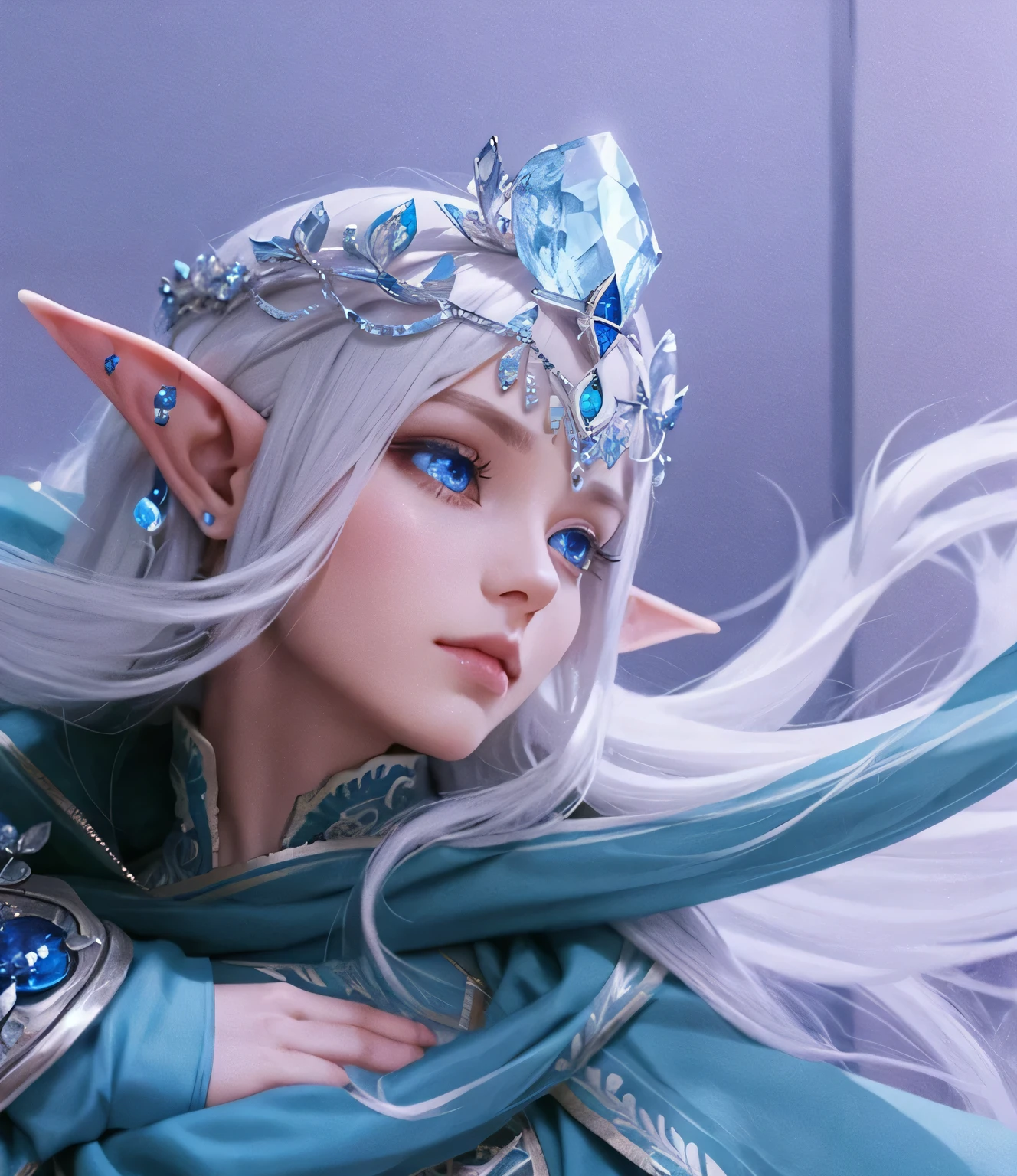 Long white hair, tiara headbandage , sapphire eye, elf ear 