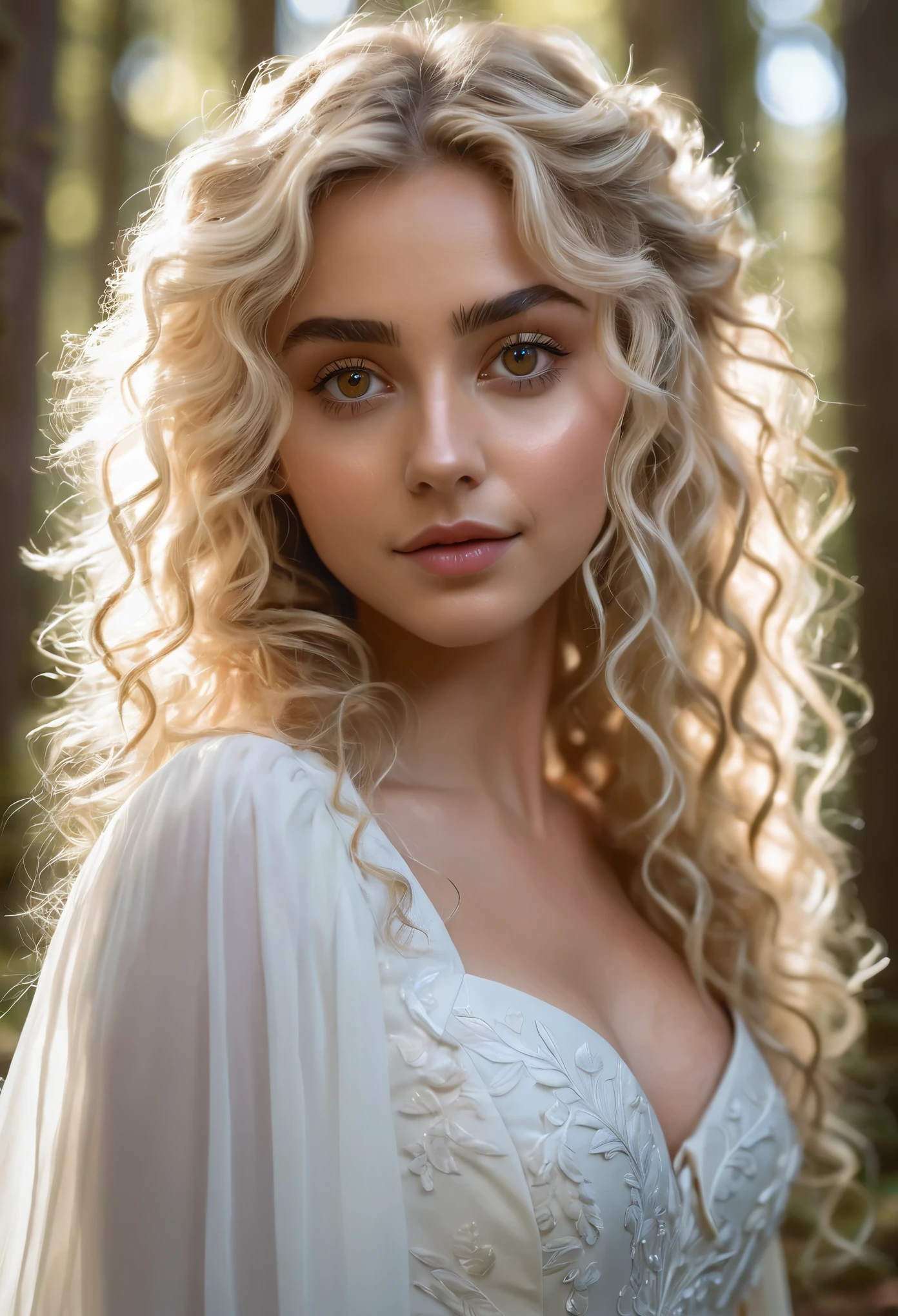 portrait fairy, long flowy curly blonde hair, s-shaped eyebrows, hazel eyes, upturned eyes, heart-shaped face, in a forest, sunlight, superdetailed face, soft features, in a white dress, pointy ears