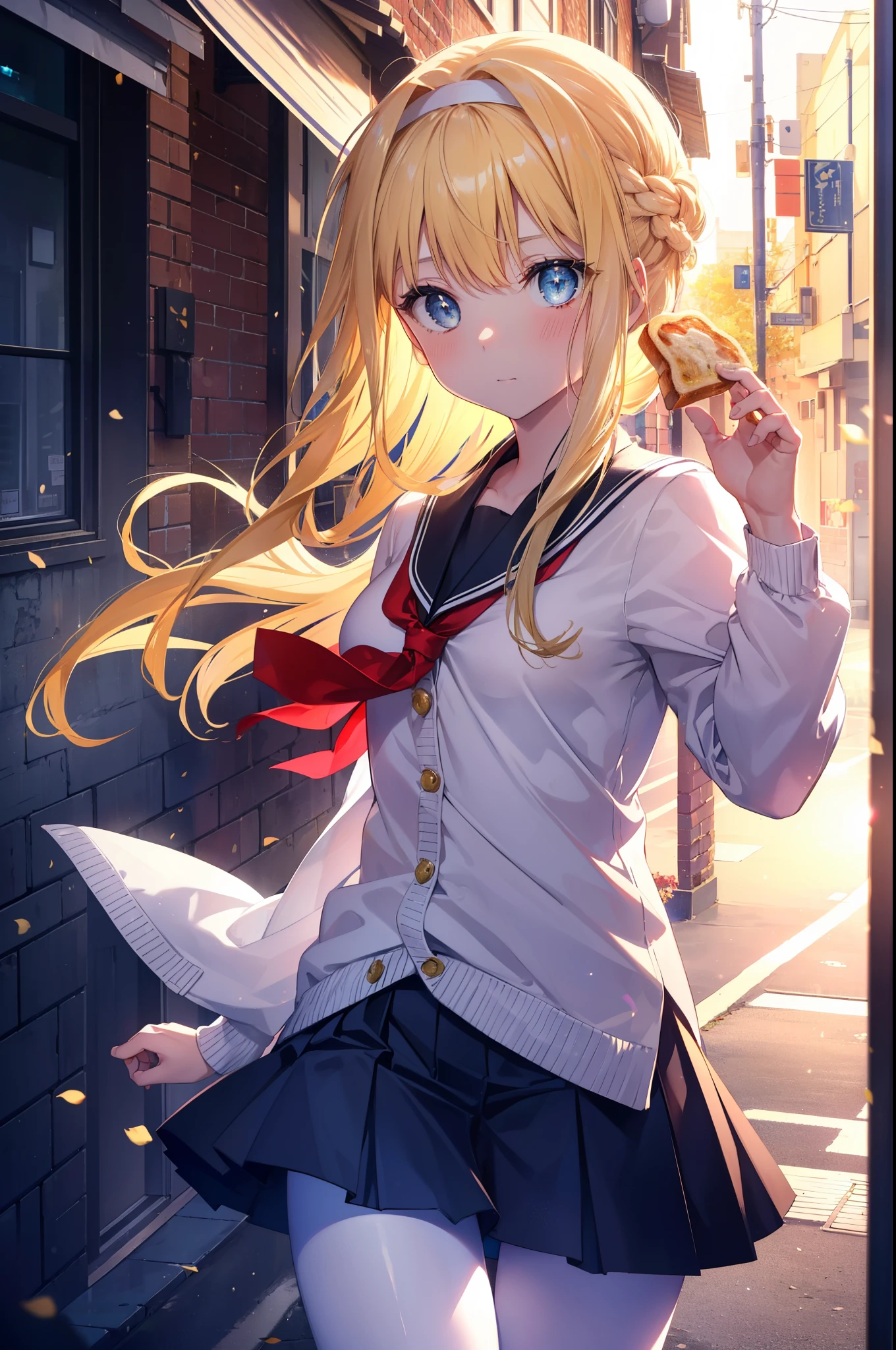 allisburg, Alice Zuberg, bangs, blue eyes, blonde hair, hair between eyes, very long hair, hair band, white hair band,White Y-shirt,Red cardigan,yellow blazer,black pleated skirt,white pantyhose,brown loafers,morning,morning日,the sun is rising,toast in your mouth, running, シティストリート
break outside, residential street,In town,
break looking at viewer, (cowboy shot:1.5),
break (masterpiece:1.2), highest quality, High resolution, unity 8k wallpaper, (figure:0.8), (detailed and beautiful eyes:1.6), highly detailed face, perfect lighting, Very detailed CG, (perfect hands, perfect anatomy),