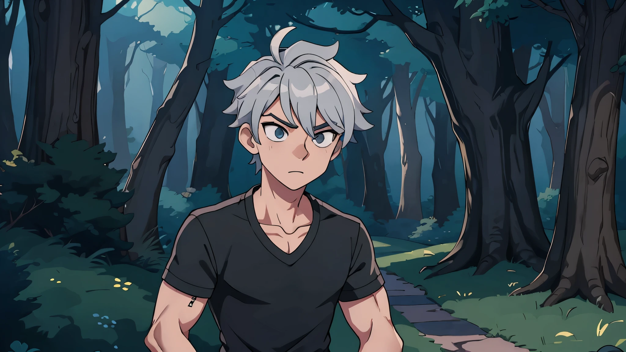 male character design, Character design, ad animation, handsome boy, grey hair, wearing Black shirt , cute, colorful, detailed, pay attention to character lines, hd, anime style, background in forest, nightmare 