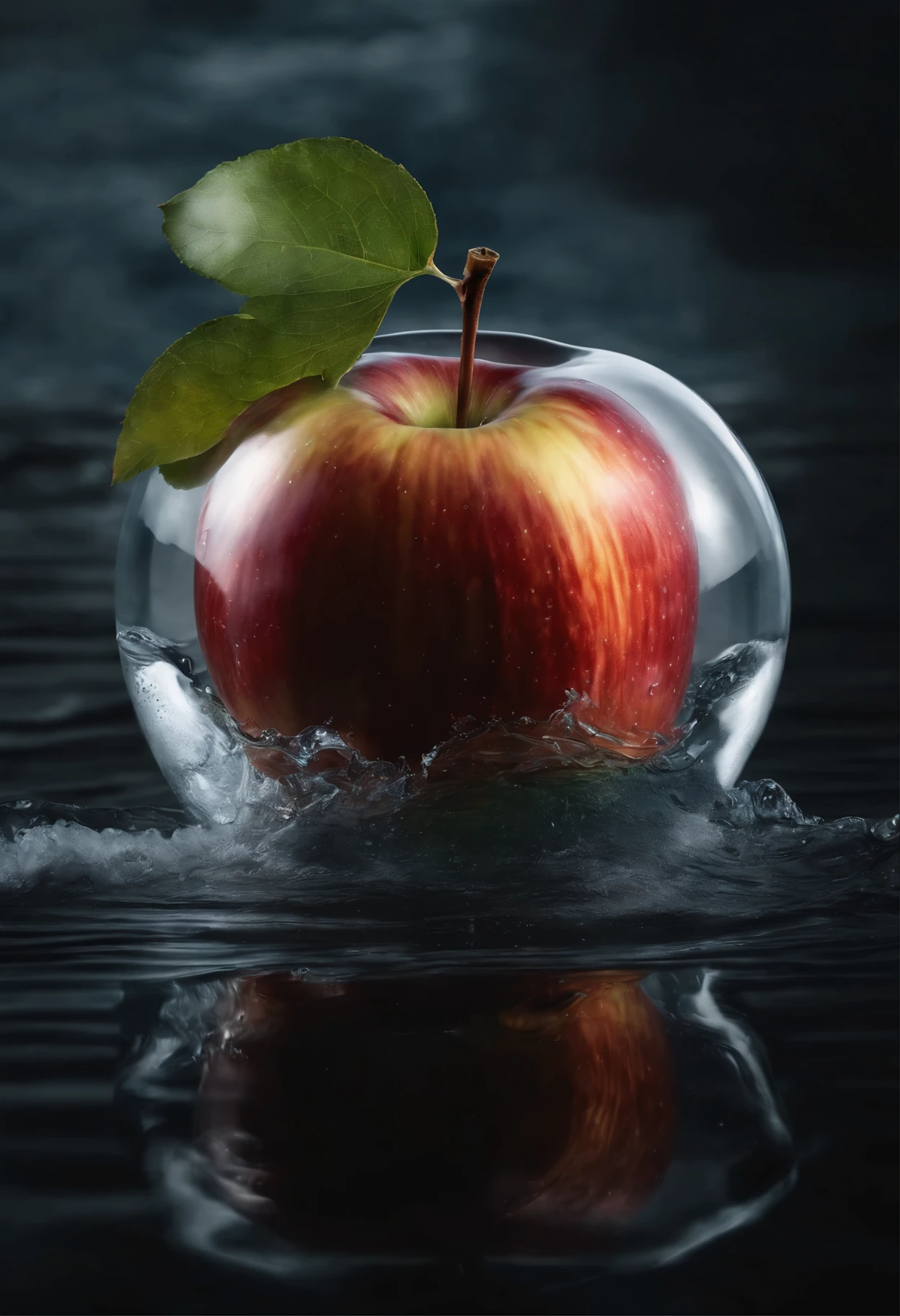 lovely double exposure image by blending together a stormy sea and a glass apple. The sea should serve as the underlying backdrop, with its details subtly incorporated into the glossy glass apple, sharp focus, double exposure, glossy glass apple, (translucent glass figure of an apple) (sea inside) lifeless, dead, glass apple, earthy colors, decadence, intricate design, hyper realistic, high definition, extremely detailed, dark softbox image, raytracing, cinematic, HDR, photorealistic (double exposure:1.1)