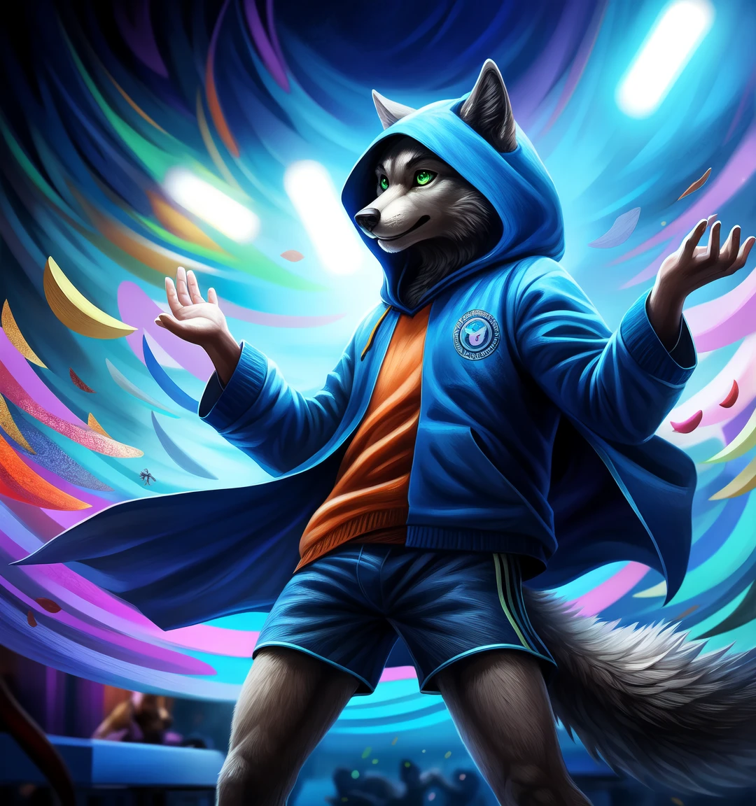 anthropomorphic,wolf boy,green eyes,long and furry tail,blue jacket with white stripes,shorts,hooded,school cafeteria,illustration,ultra-detailed,realistic,vivid colors,bokeh,portrait,detailing,tail wagging,creative lighting,expressive,character design,surreal,fantasy,unique,colorful,playful,dynamic composition,sharp focus,natural environment,blurred background,dynamic pose,shadows and highlights,contrast between light and dark,emotive expression,eye-catching,high-resolution,striking,artistic,attention to detail,unconventional,humorous,personality charm,contrasting textures,dimensional,dreamlike atmosphere,lively,energetic,complementary color scheme,soft lighting,positive energy,imaginative storyline