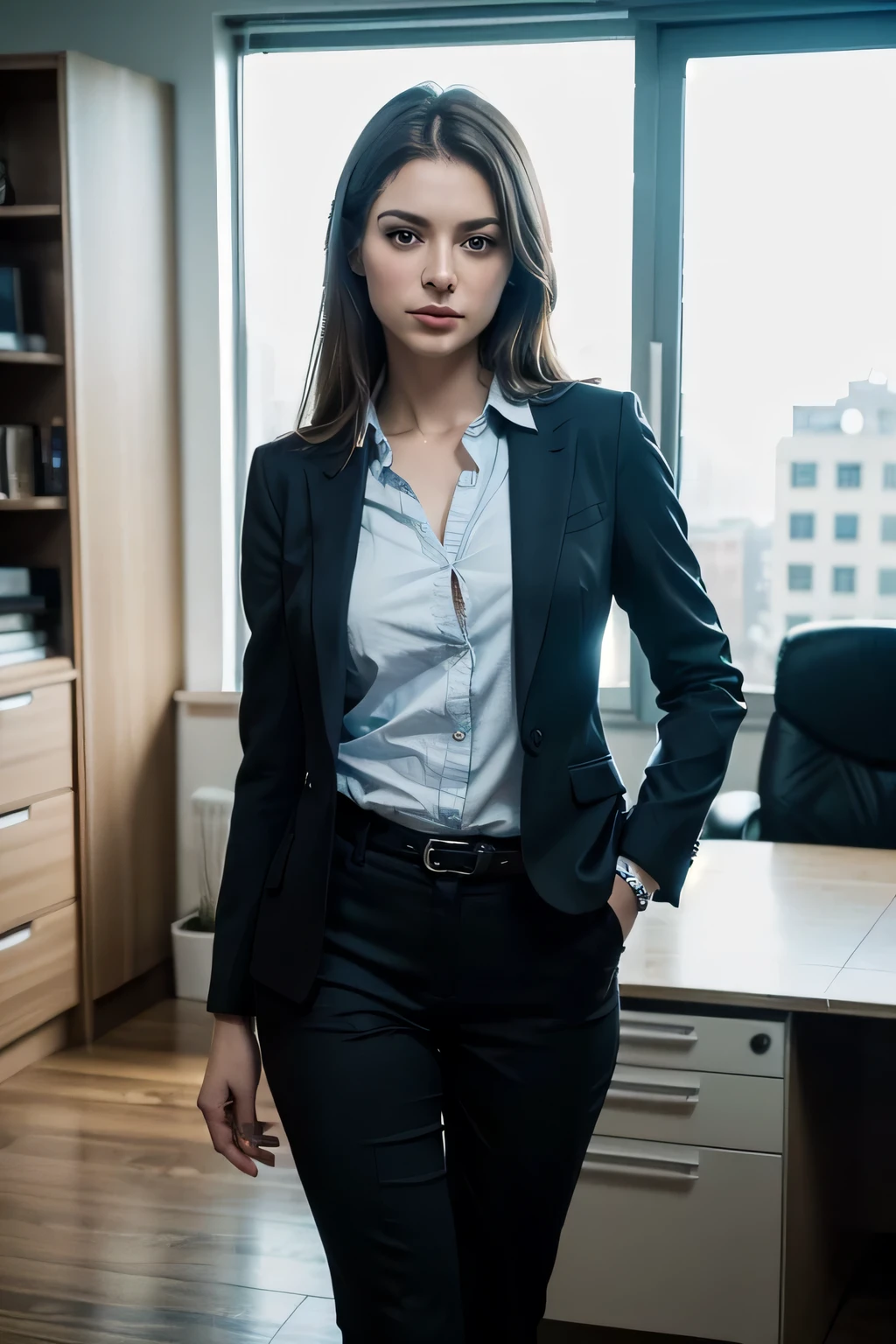 ((Top Quality, 8K, Masterpiece: 1.3)), Sharp Focus: 1.2, (Super Beautiful Face: 1.0), (Glossy Skin: 1.0), Realistic Photos, Black Hair, Realistic Pupils, Movie Lighting, Highly Detailed Eyes and Face, Movie Lighting, full body photo, standing, office clothes, AV style photo, slim body, look outside