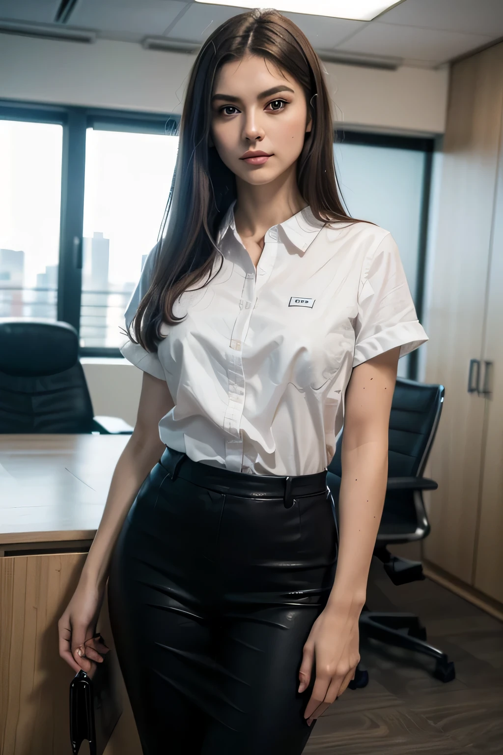 ((Top Quality, 8K, Masterpiece: 1.3)), Sharp Focus: 1.2, (Super Beautiful Face: 1.0), (Glossy Skin: 1.0), Realistic Photos, Black Hair, Realistic Pupils, Movie Lighting, Highly Detailed Eyes and Face, Movie Lighting, full body photo, standing, office clothes, AV style photo, slim body, look outside