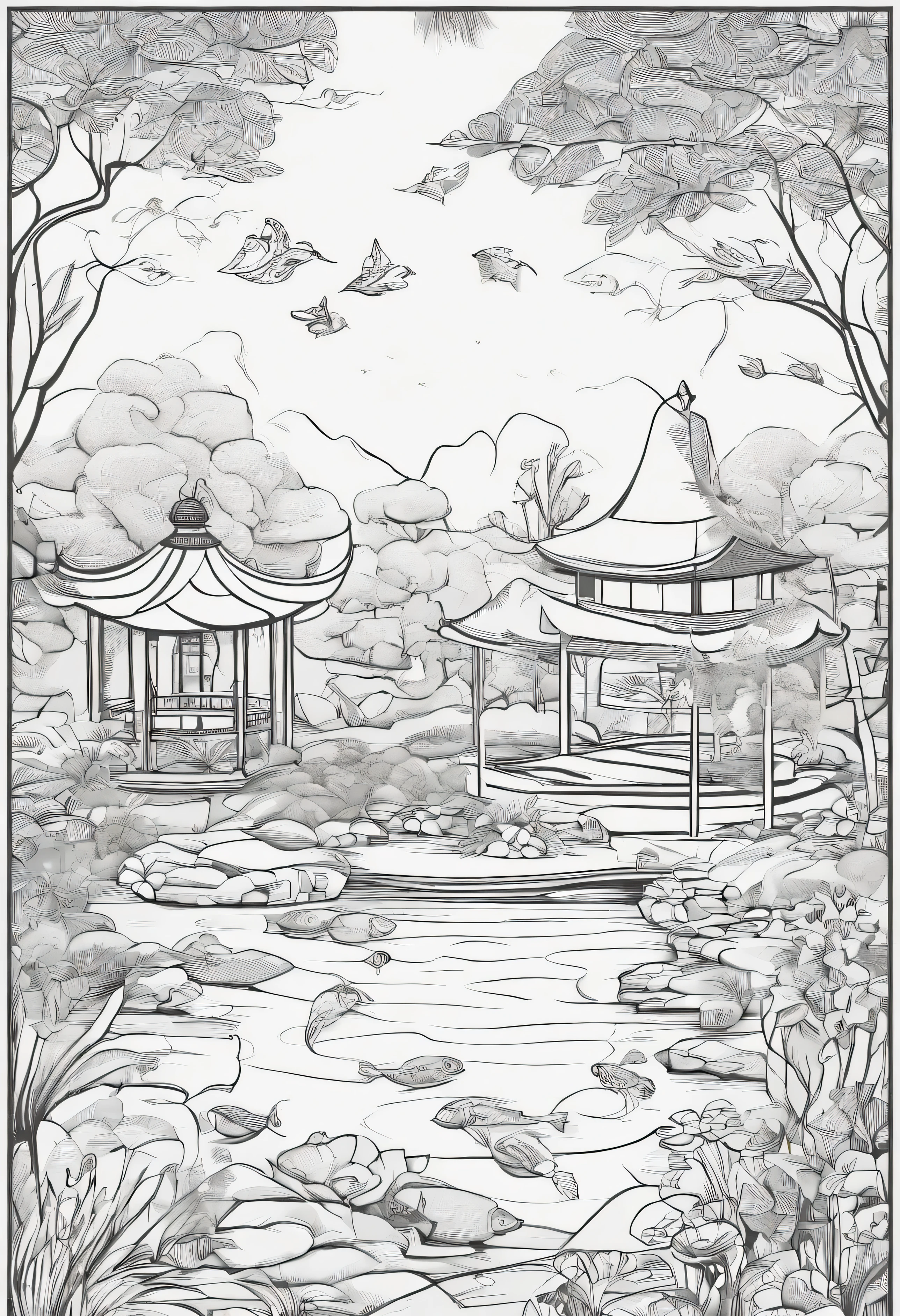 Mistical Zen Garden Retreat: create a peaceful gaarden filled with animals playing and a small pond with fish jumping out of the water with gazebo and people tending the garden