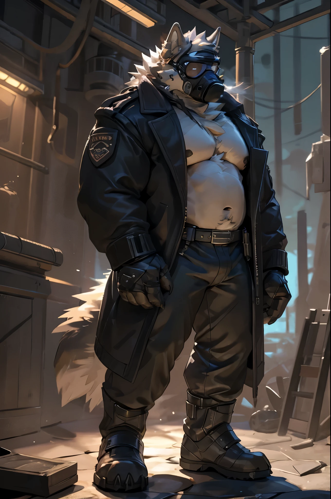 Gas mask, respirator, dark googles over eyes, black round glasses, mechanical snout, mechanical muzzle, straps going behind head, leather straps