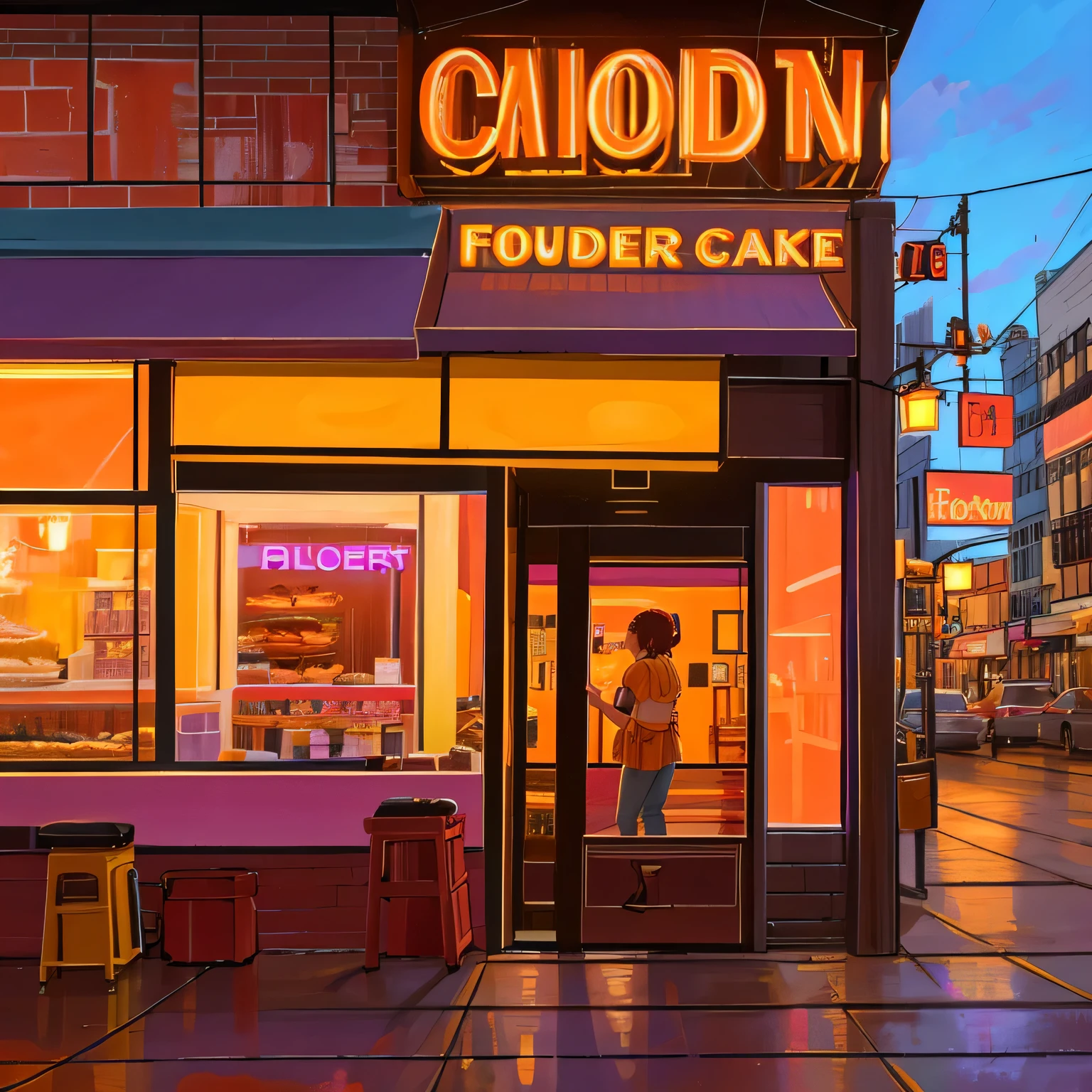 A realistic American restaurant facade, bathed in hues of orange and purple, reminiscent of the vibrant 1980s theme, boasts intricate details that truly come alive in the fotorrealista style, presenting a hiper realista depiction with luminosas textures and details, rendered in stunning 8K resolution.
