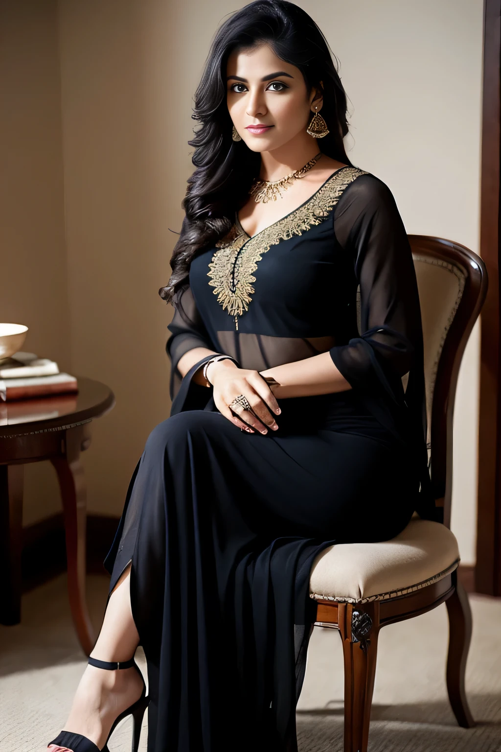 Portrait of A confident-looking indian  woman with Black Saree Black Blouse with long flowing hair, hazel eyes, with flowing capes, perfect composition, sitting on chair,without blouse naked fully from top