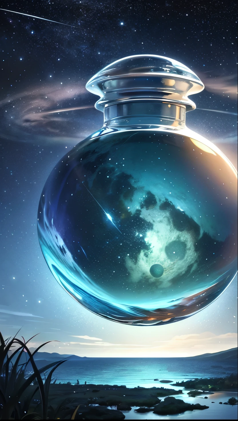 A huge bottle containing a majestic lake ,  Very high quality and highly detailed scenes , octane rendering, starry sky , dream , huge green moon , Vought of Heaven , Inspiration, imagine  