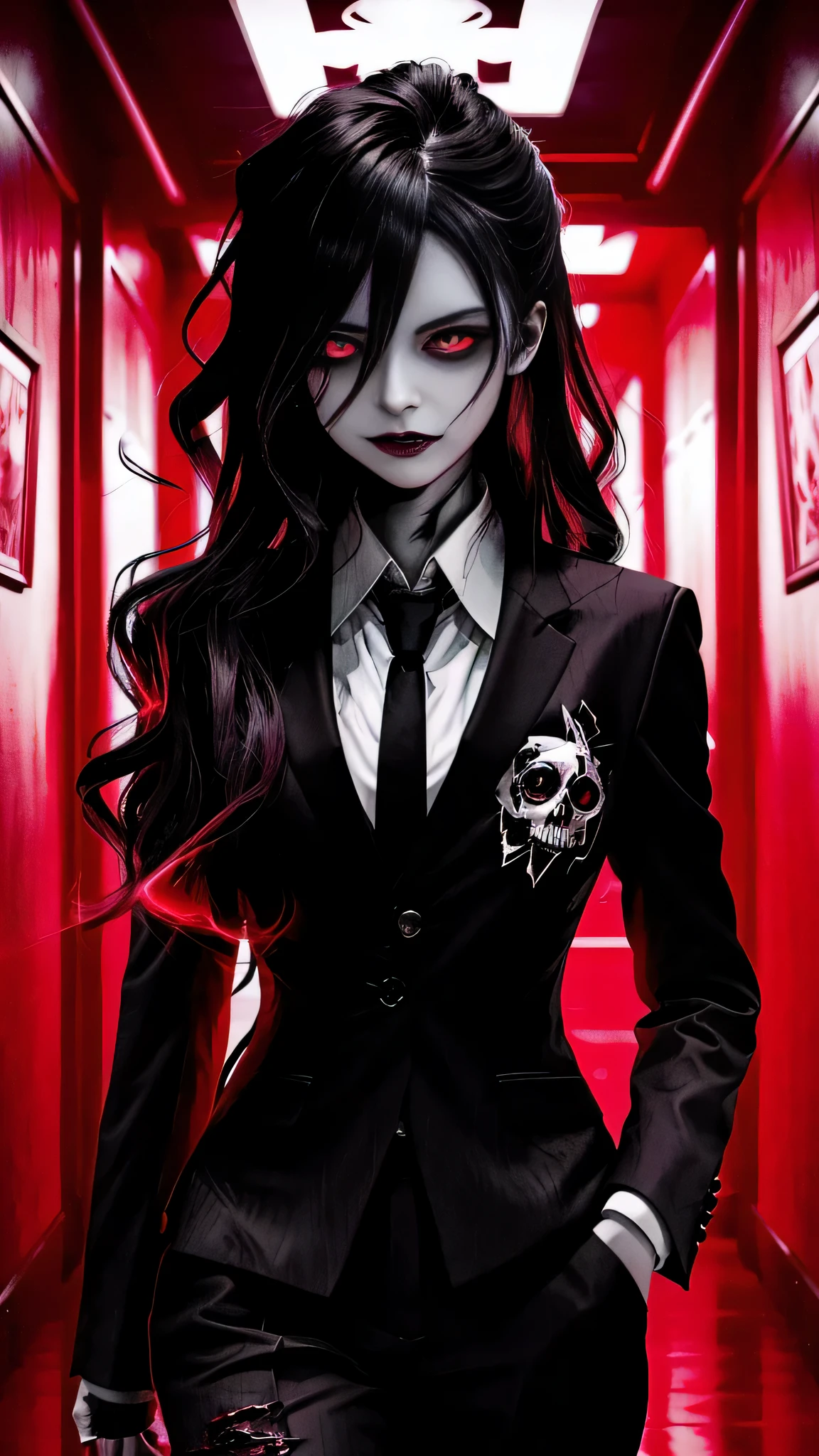 a close up of a woman in a suit and tie in a hallway, dark and horror style, demon anime girl, with red glowing eyes, digital art from danganronpa, akane owari danganronpa, dark suit, sinister and stylish, vampire girl, androgynous vampire, scary style, gothic horror vibes, anime skull portrait woman