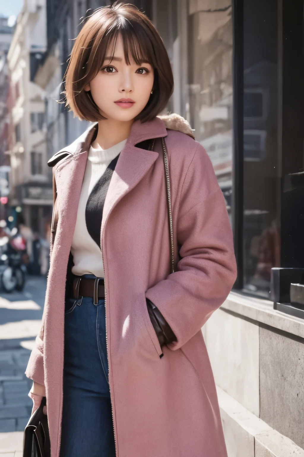 pink coat:1.3, medium bob
