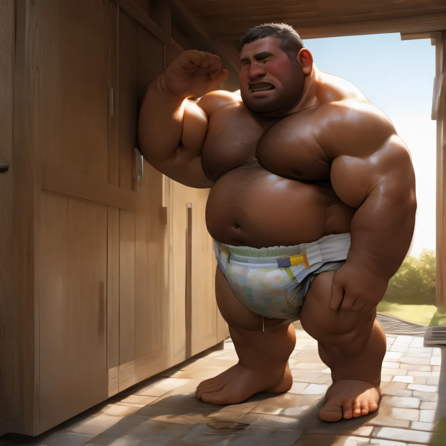 masterpiece, Top quality, in 32K, perfect anatomy, hyper detailed, photo realistic, super fine illustration, The thick man is a brutal prisoner, solo, retarded, hairy, human, 50yo, (fatness: 1.0), Fatty muscle, Bowleg, disappointment, incontinent, 50yo, be diaper check by children, There is a small puddle under him, Naked, short legs, Bowleg, spread legs, wear a White cloth Diaper, White Diaper without pattern, Bare belly, Bare legs, Bare foots, Bare soles, Shirtless, wide forehead and short thinning hair, Man with big face with stubble, Bare foots, Bare soles, shy, sobbing, sissy, Hold back tears, Drool, Round face, He is standing and look down in front of wet sheets, lawn garden, he is very remorseful, He is Bedwetter, corner time punishment, He surrounded by children, Bare foots, big butt, White Diaper, There is a small puddle under him