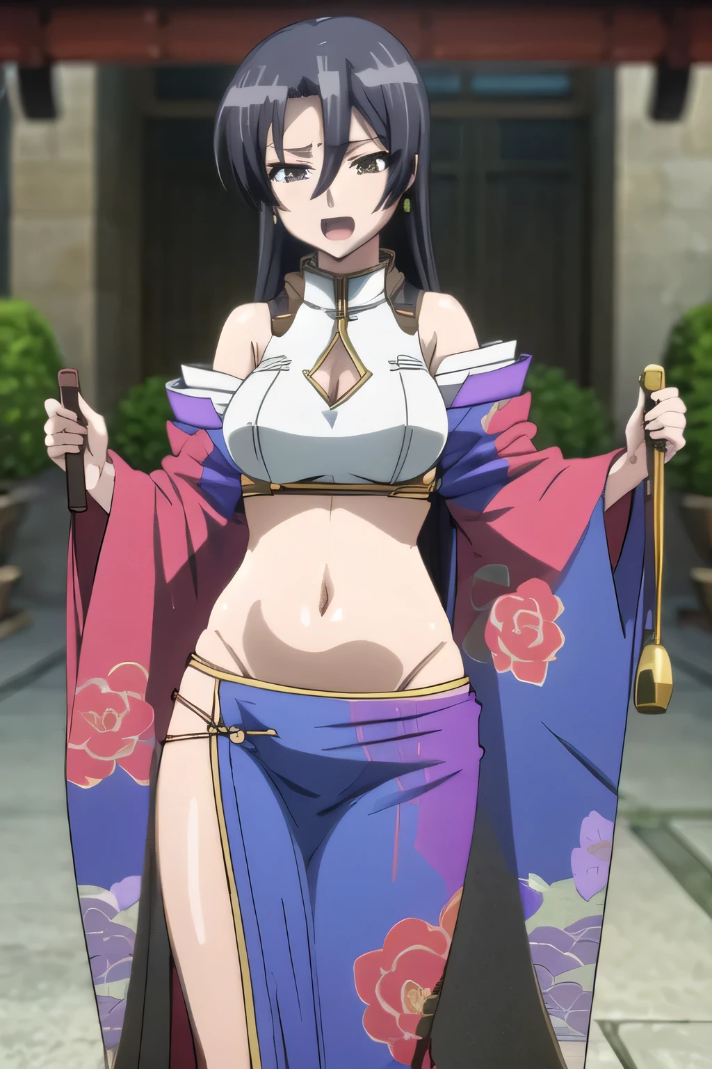 tsubaki,. long hair, black hair, yellow eyes, masterpiece, best quality, highly detailed, a anime girls in kimono dress with a sword posing for a
picture, bare shoulder,open kimono, evil smile, open mouth, crop top , (nsfw) not safe for work, smile,
ecchi anime style, anime girls, ecchi style, ecchi, digital anime art!!, in anime style, official artwork, visual
novel cg, beautiful anime girl, anime style 4 k, kimono pencil skirt, exposed belly, exposed navel,
exposed midriff, exposed lower belly, outdoor, japanese architecture, temple