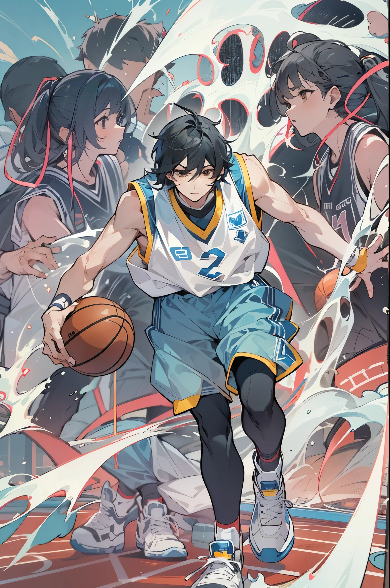 1male, Young Adult, Brown Eyes, Black Hair, Blue Highlighted Hair, White and Blue Basketball Jersey, Basketball Shorts, Basketball Court