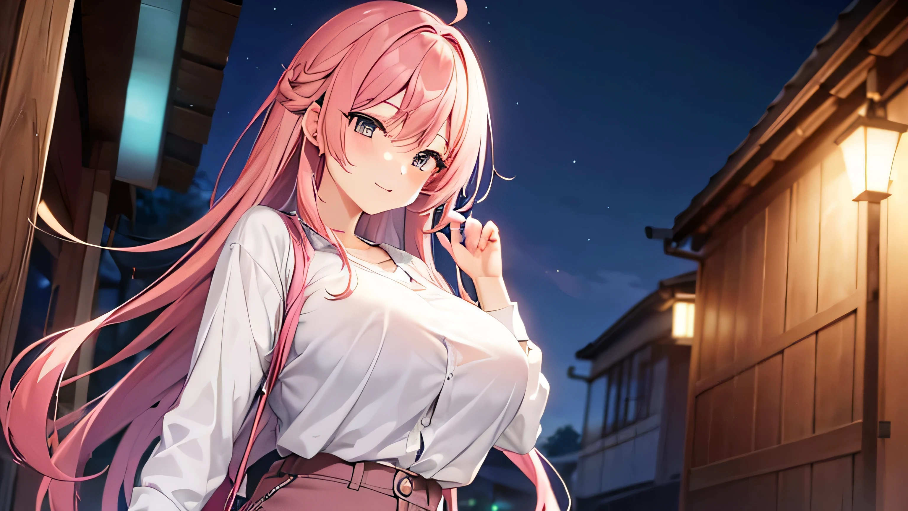 anime、pink hair、big breasts、white shirt、shorts、valley、night