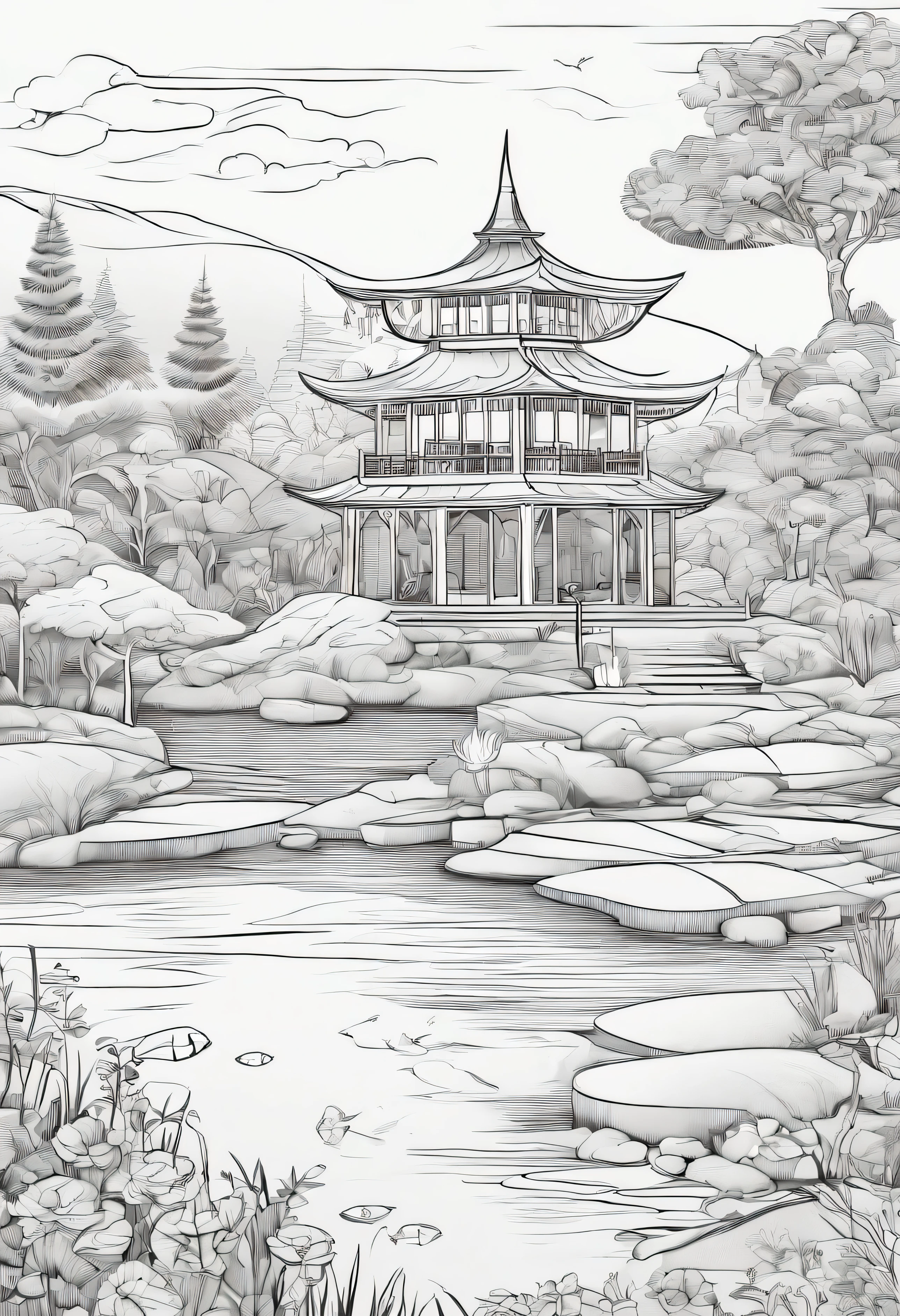Mistical Zen Garden Retreat: create a peaceful garden with flowers filled with animals playing and a small pond with fish jumping out of the water with gazebo and people tending the garden