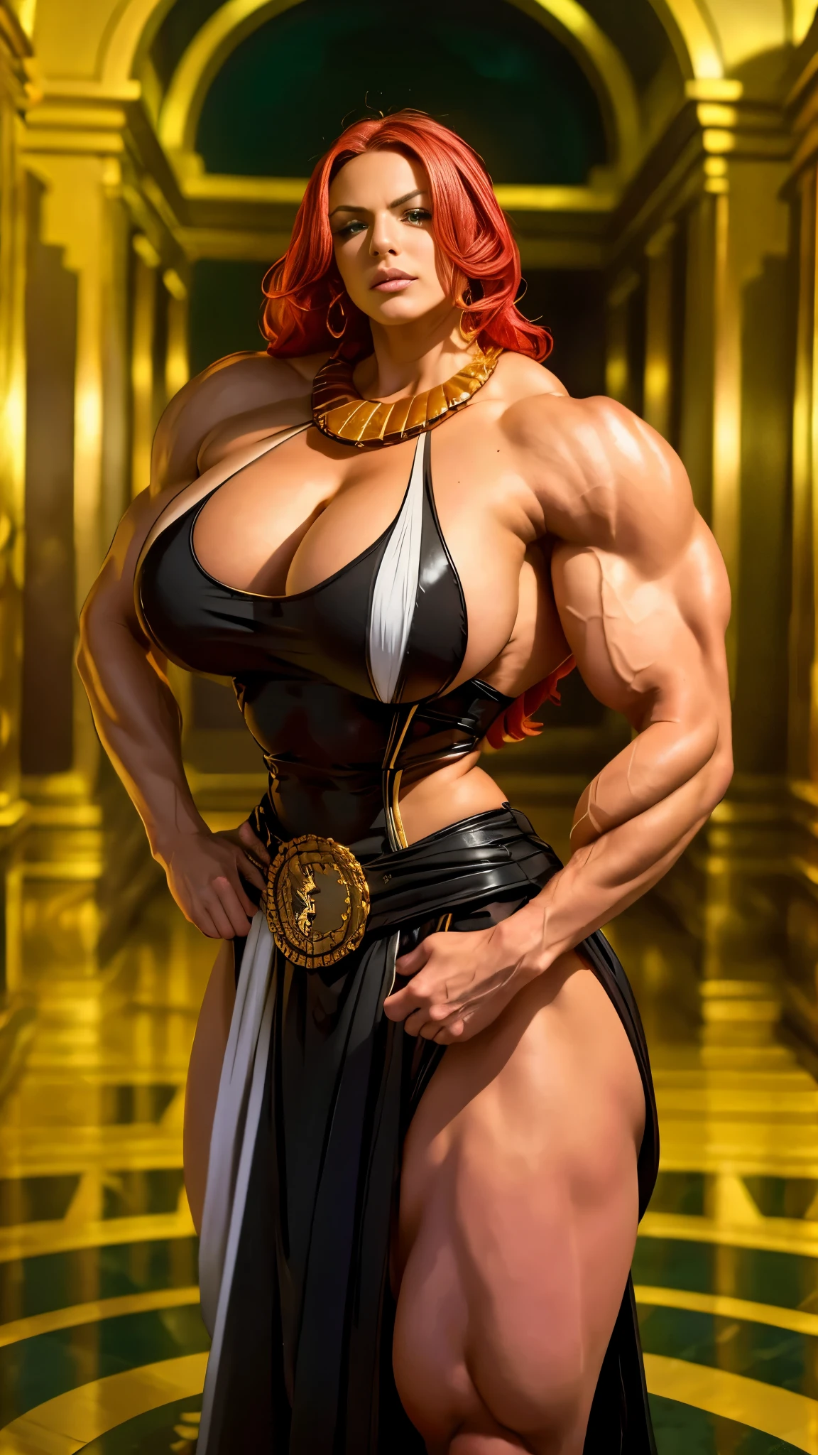 arafed woman in a black dress posing in a hallway, Baccarat, One Piece, strong and imposing, muscular ultraviolent woman, powerful and huge, muscular girl, muscular warrior women, very beautiful. big muscles, muscular character, massive muscles, large muscles, muscular!!, huge muscles, exaggeratedly large physique, big muscle, muscular! fantasy, huge glistening muscles