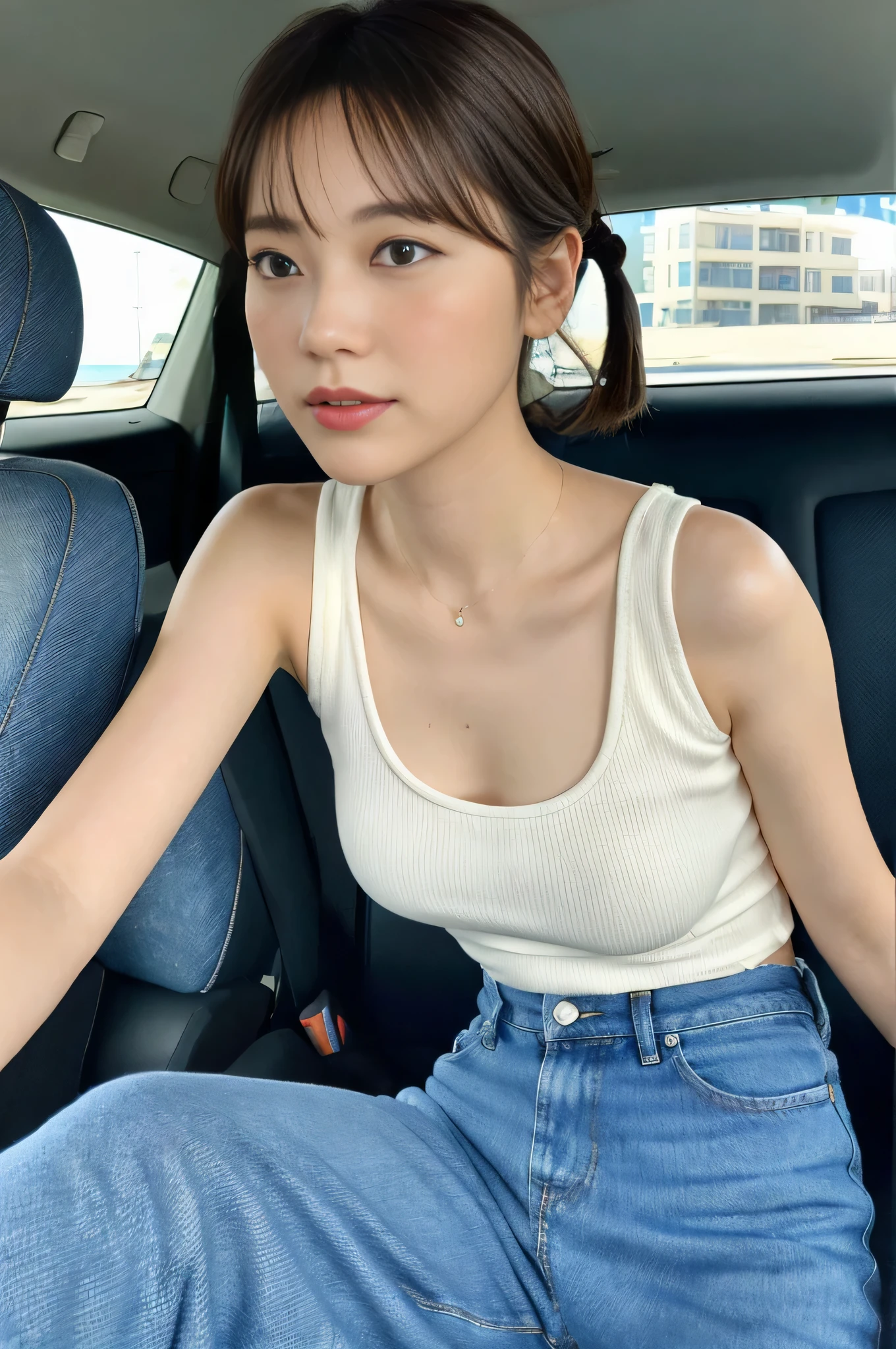 ride a car by the sea、evening、white sleeveless、Pants are tight denim、The hairstyle is a short bob、