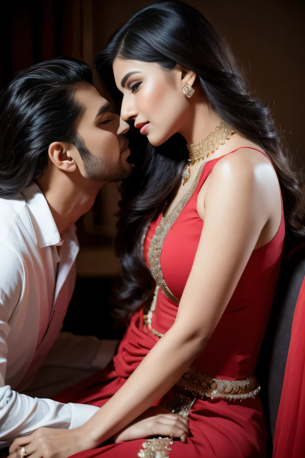 Portrait of A confident-looking indian woman with a Indian Boy is kissing her and touching her body badly with long flowing hair, hazel eyes, with flowing capes, perfect composition, sitting on chair,