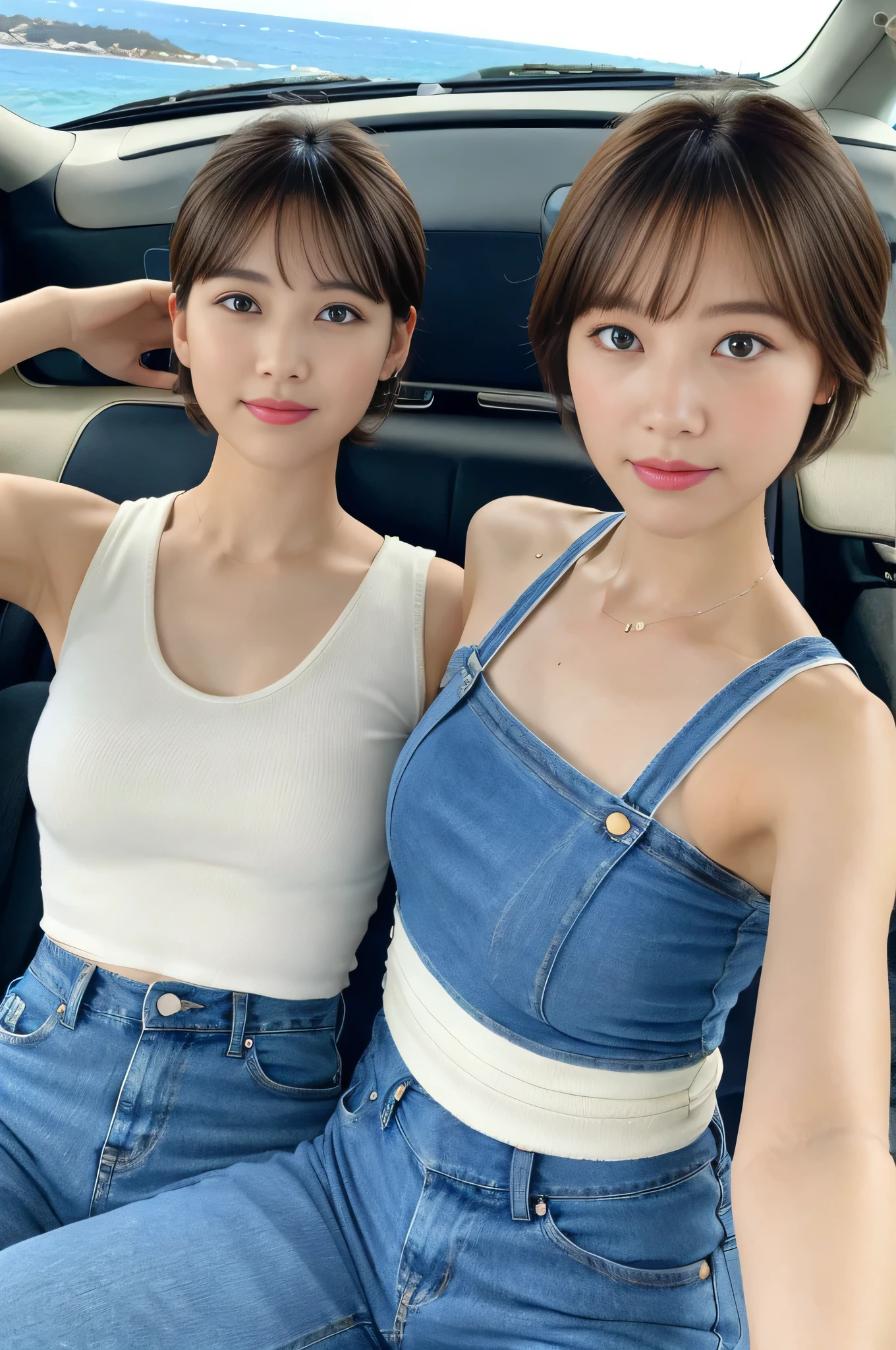 (top quality, 8k, masterpiece: 1.3), pretty woman with perfect figure: 1.4, dark brown hair, big, wearing pendants, torn shorts, sleeping in bedroom, very detailed face and skin, detailed eyes, double eyelids, color contacts, slim and perfect style, medium short hair, sweet smile,