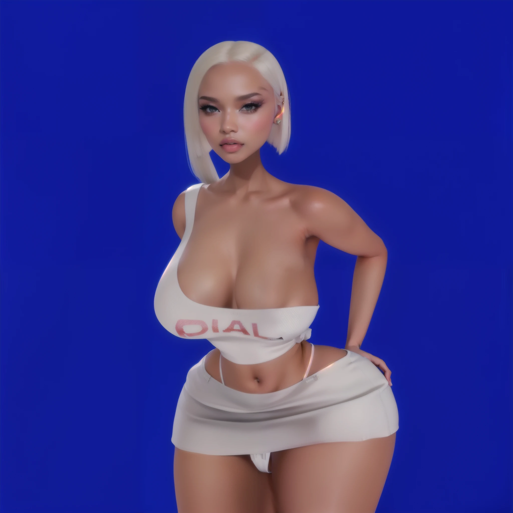 (masterpiece), (best quality), (ultra-detailed), ((masterpiece)) ((best quality)) ((ultra-detailed)) woman in a white top and white shorts posing for a picture, white skirt and barechest, realistic shaded perfect body, doja cat, thicc, daz. detailed, imvu, second life avatar, tanny skin, drawind style, smooth in _ the background, faired skin, dall - e 2, dall-e 2