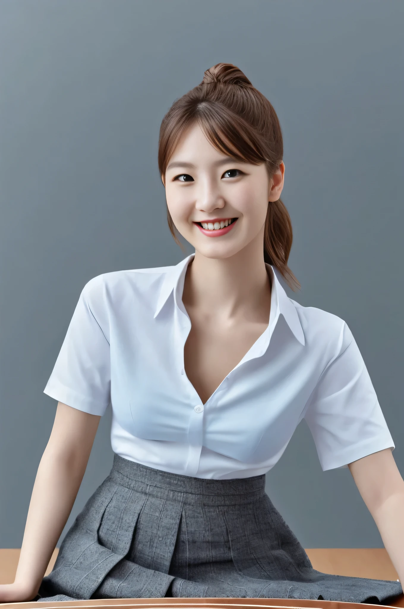 30 generations, ((highest quality, 8K, table top: 1.3)), Japanese cool beauty, sky blue background: 1.8, white shirt, gray skirt, Highly detailed face and skin texture, smile, fashion model pose