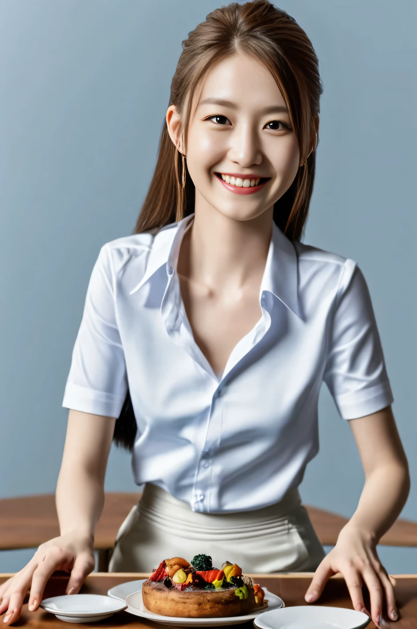 30 generations, ((highest quality, 8K, table top: 1.3)), Japanese cool beauty, sky blue background: 1.8, white shirt, gray skirt, Highly detailed face and skin texture, smile, fashion model pose