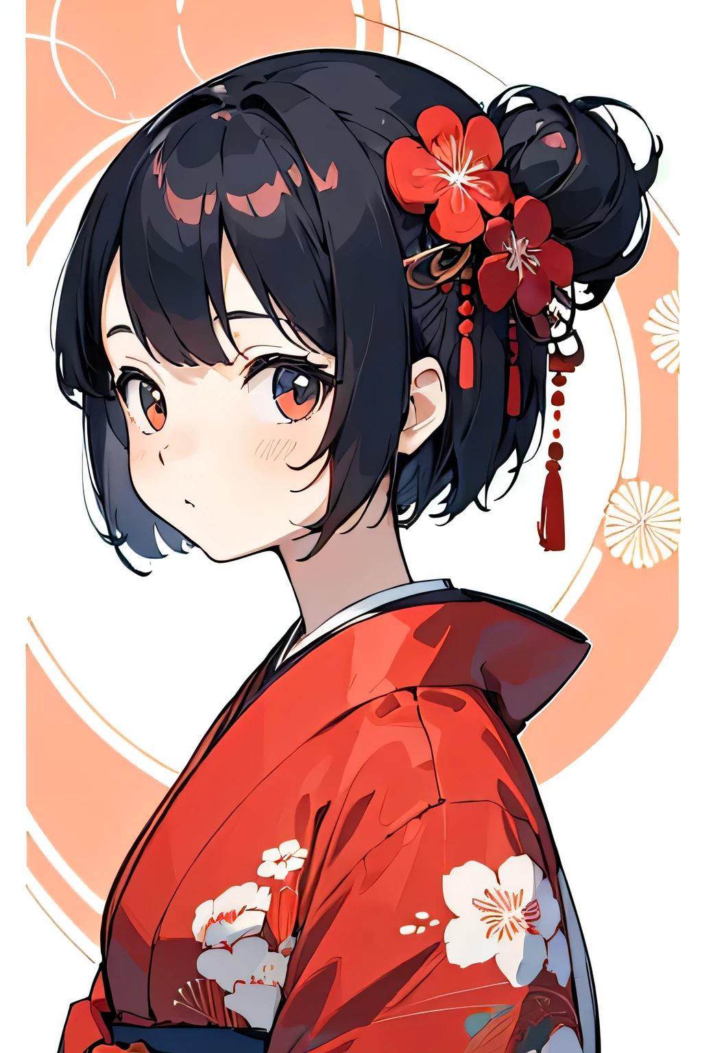 (finely best quality illustration:1.2), (kawaii girl:1.0), (1girl, solo:1.0), (black short hair:1.0), (red kimono:1.0), (upper body:1.0), (ultra-detailed, highres, 4k:1.0),