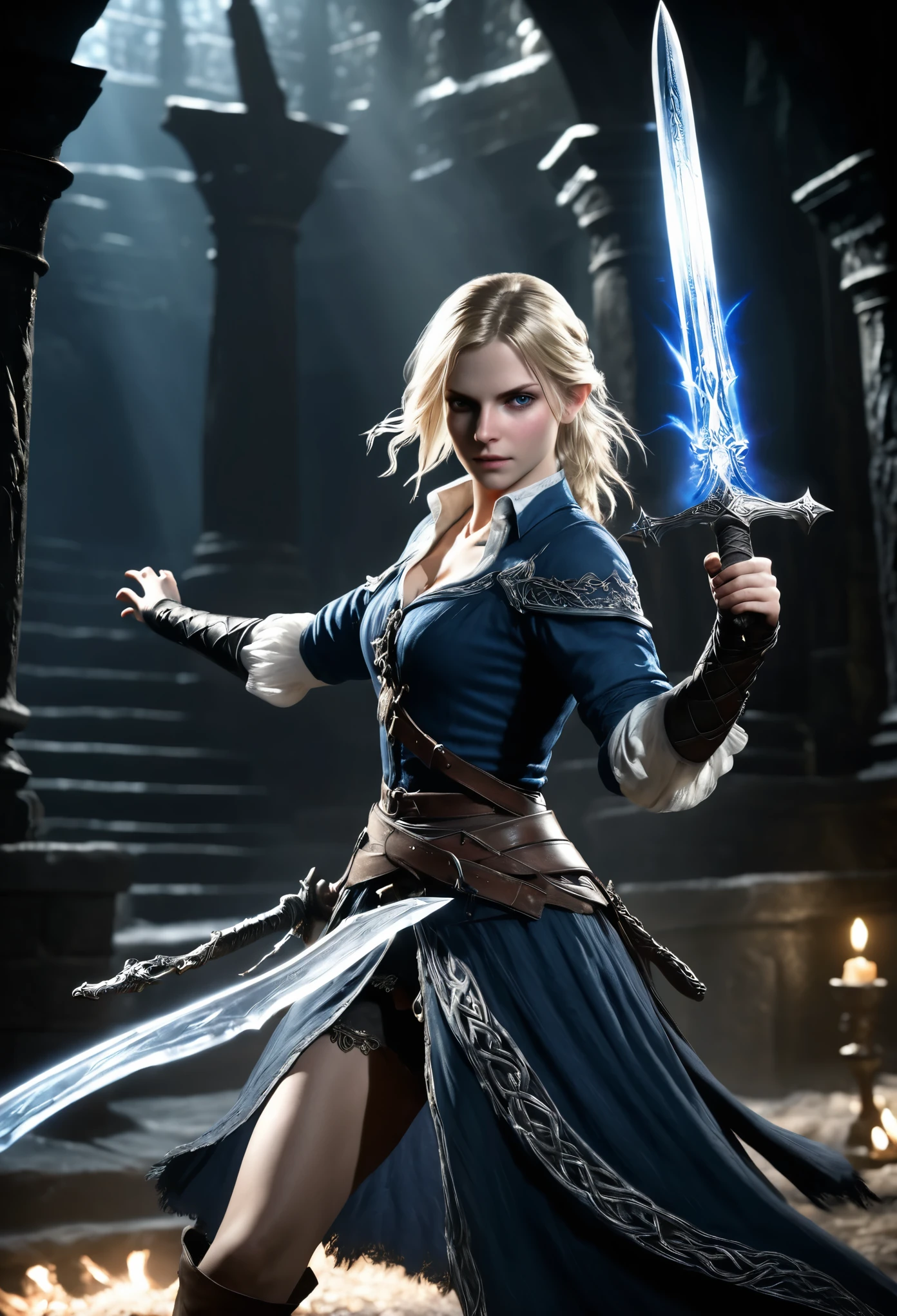 (Realisttic:1.2), Bloodborne ~ Dark Souls 3 ~ Elden Ring ~ ultra detailed, A Gorgeous blonde, dancing with the sword, in blue open shirt, black celtic pattern skirt, in dark cavern  with ice and crystals elements, action pose, holding a sword. blushing, teasing, Alluring. highly stylized. depth of field, bokeh effect, backlit, stylish, elegant, breathtaking, visually rich, masterpiece full body shot.
