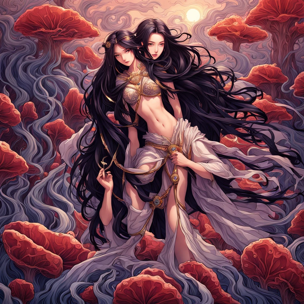 (best quality,4k,8k,highres,masterpiece:1.2),ultra-detailed,(realistic,photorealistic,photo-realistic:1.37), HDR,UHD,studio lighting,ultra-fine painting,sharp focus,physically-based rendering,extreme detail, onmyoji detailed art, 1woman, 30 years old, cyborg samurai, (dynamic pose:1.6), (show entire body),wide angle, Dynamic angle and composition,chinese three kingdoms, (from sengoku period), (She is wearing an ancient samurai light armor breastplate made of white marble:1.6), (cyber japan samurai armor), (fractal designs), clothed in old samurai uniform, (wearing kimono armor), (wearing a fish-shaped white acrylic helmet:1.37), highly detailed clothes, (her clothes have zentangle details adorned with beautiful gems:1.37), (She is wearing a leaf-shaped cape made of  cloth:1.4), Transparent petal-like cloth hangs from the woman's waist, pale purple hues, fantasy art, sci-fi, (concept art inspired by Kanō Hōgai), (Jean Giraud style), moebius, psychedelic, (Incredibly beautiful nature background with fungi:1.6), ethereal lighting, vibrant colors, intricate details, (surreal landscape), otherworldly creatures, mesmerizing pattern,cyber helmet, intricate helmet design, cosmic ambiance, dreamlike atmosphere, (mythical creatures), surrealistic composition, organic shapes, full body wuxia, from sengoku period