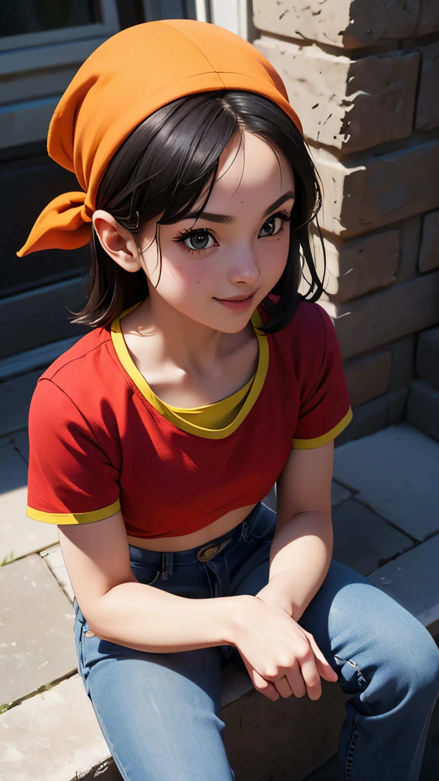 Pan, 1girl, solo, smile, red shirt, jeans, bandana, black Hair, sitting,, (acclaimed, alluring, captivating, exciting, gorgeous, striking:1.3), (trending on CGSociety, trending on pixiv, contest winner:1.3)