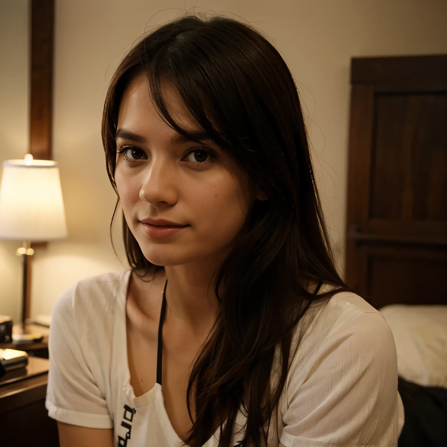 There is a woman sitting in a hotel room with a remote - SeaArt AI
