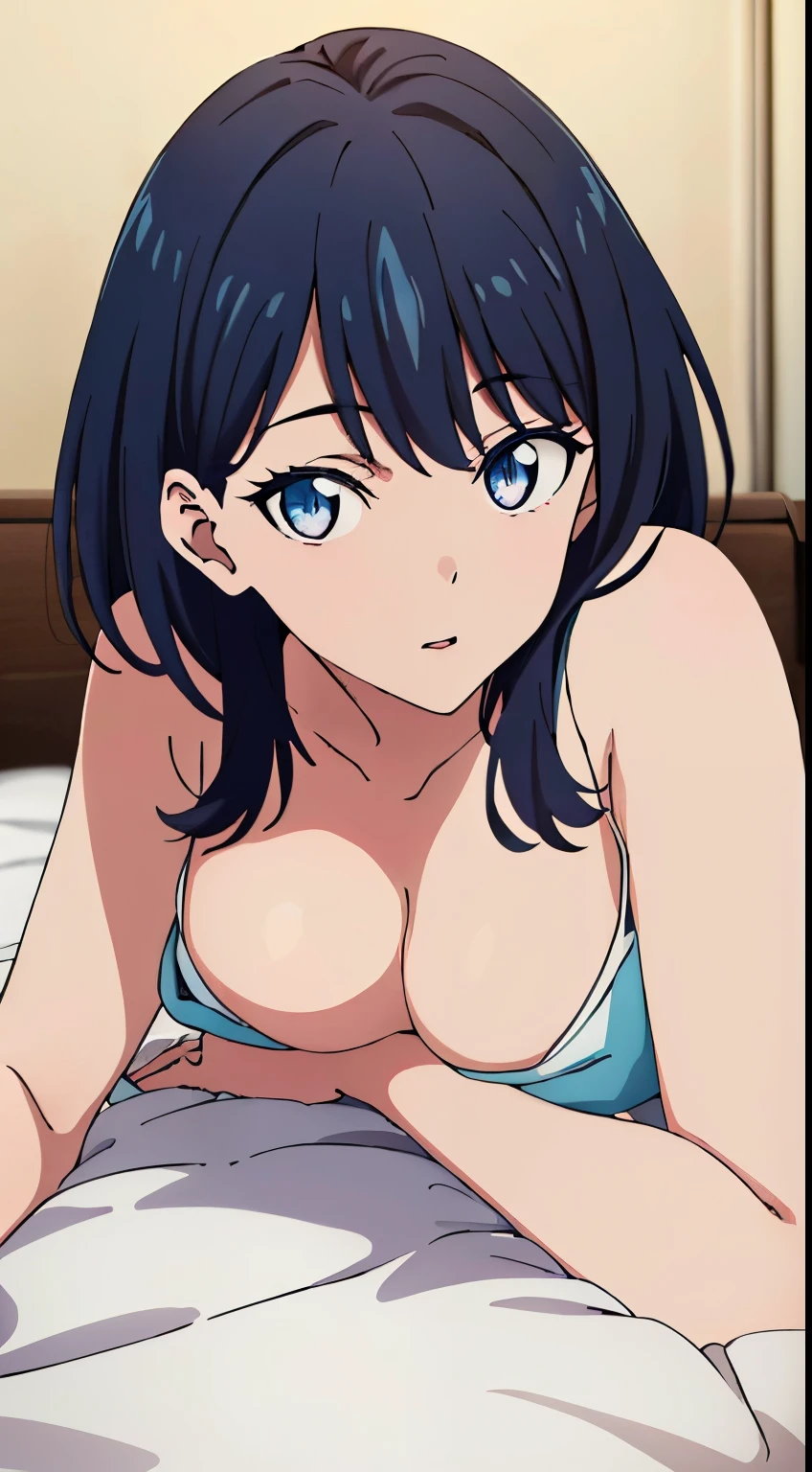 masterpiece, highest quality, High resolution,takarada rikka,anime,1 girl, black hair,blue eyes,(inner,hot pants,bed,lie down),stylish pose,looking at the viewer,in the center of the image, (lively_color:1.2) (beautiful_medium breasts:1.3), (beautiful_face:1.4),(slim_waist),(beautiful_thighs:1.2),
