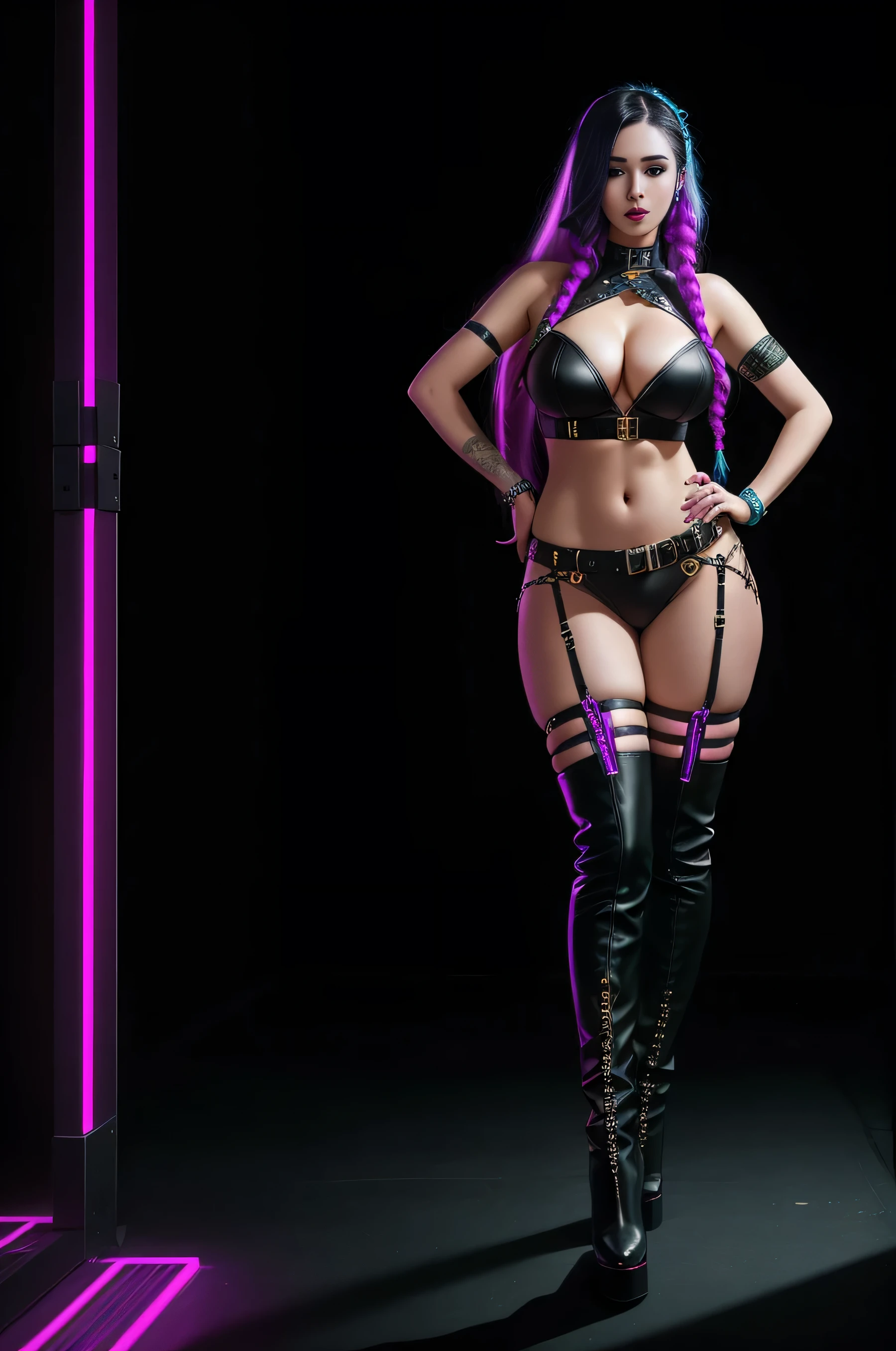 there is Jinx League of Legends standing, long blue platted hair, nice ass, thigh high boots, 3 d neon art of a woman's body, neon-noir background, cyberpunk femme fatale, seductive cyberpunk dark fantasy, cyberpunk strip clubs, cyberpunk 20 y. o model girl, oppai cyberpunk, banner, high definition cgsociety, cgsociety masterpiece, trending on cgstation, kda, random hair, looking at camera, gigantic breasts, cleavage, (high detailed skin:1.2), 8k uhd, dslr, super lighting, high quality, film grain, high res, highly detailed, hyper realistic, beautiful face, beautiful body, beautiful eyes nose lips, alluring expression, very bold, upper  visible, full body photo, standing legs apart, pale translucent glowing skin, most beautiful face, cute, (well defined pubic hair:1.2)), (dark plain black background:1.4))