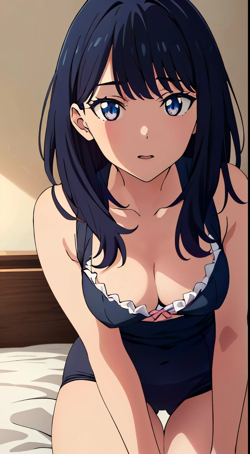 masterpiece, highest quality, High resolution,takarada rikka,anime,1 girl, black hair,blue eyes,(underwear,bed,lie down,),stylish pose,looking at the viewer,in the center of the image, (lively_color:1.2) (beautiful_medium breasts:1.3), (beautiful_face:1.4),(slim_waist),(beautiful_thighs:1.2),
