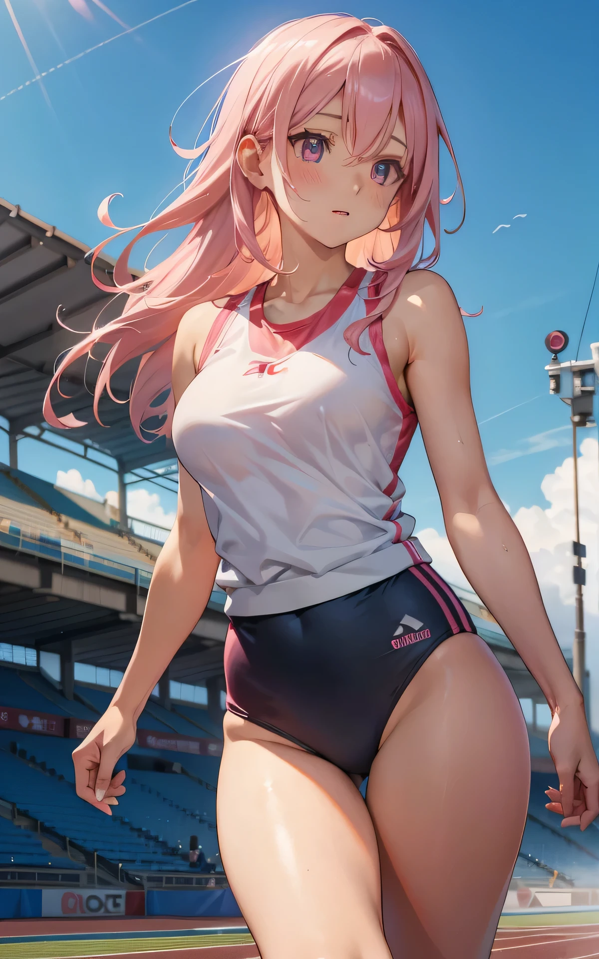 realisticlying，extremely detailed CG、high resolution、absurderes:1.8、detailed background:1.3、beautiful detailed hair、detailed eyes:1.6、、、、、、 1 girl, track and field player, shiny skin、beautiful body、 ((buruma、 sleeveless track and field Tank top、attractive thighs、big breasts))、(track and field cort), pinkhair
