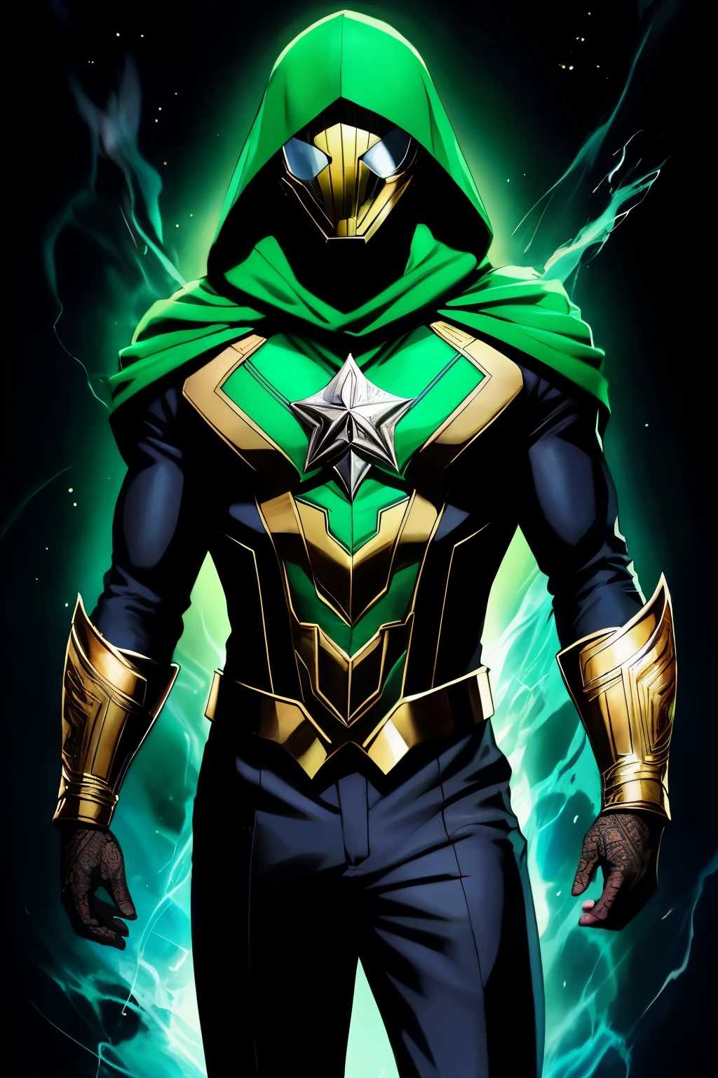 Marvel Comic's Mysterio, a captivating character portrait rendered by the masterful brushstrokes of Alex Ross. Mysterio, with his iconic green hood and goggles, boasts an enigmatic grin that exudes both mischief and cunning. His eyes, bright and piercing, hold a depth of intelligence and mischief. His skin, pale and smooth, contrasts with the dark, intricate patterns adorning his suit and gauntlets. The details on his suit, meticulously crafted by Ross, gleam with a shimmering, almost ethereal quality. The rich textures and shading infuse the image with a sense of depth,